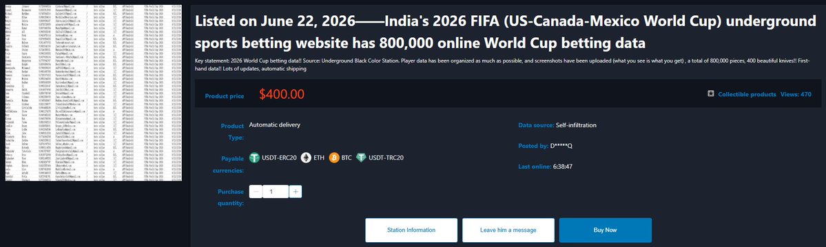 CyberWatch05's tweet photo. ‼️Alleged Data Leak | 2026 World Cup Betting Data

A threat actor claims to be selling a database containing 800,000 records allegedly linked to 2026 FIFA World Cup betting activity from an underground sports betting platform.

According to the post, the dataset is advertised as including large volumes of betting-related records associated with the 2026 tournament.

⚠️ These claims are unverified and should be treated with caution until independently confirmed.

#DataLeak #CyberThreat #ThreatIntel #DarkWeb #WorldCup2026 #SportsBetting #CyberSecurity