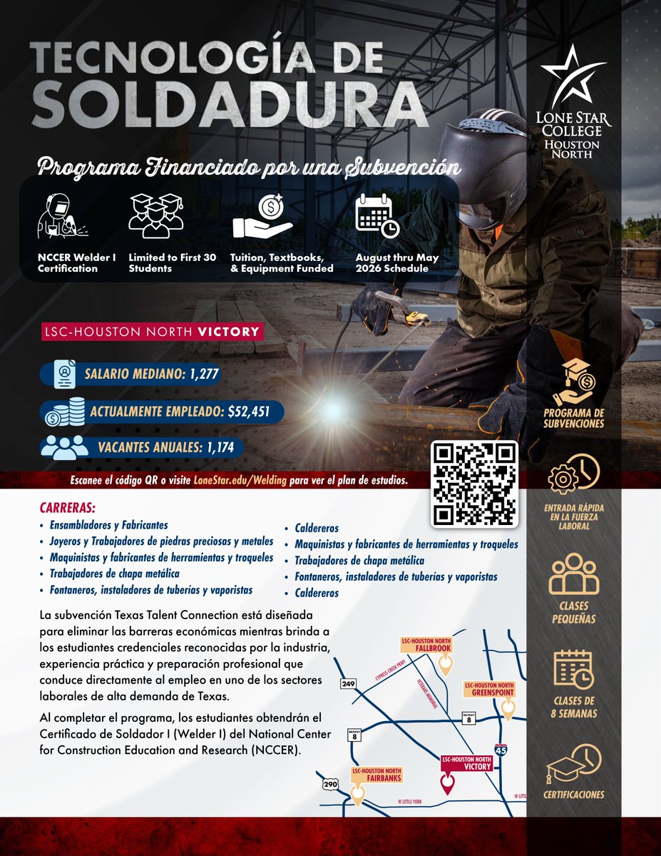 LSCHoustonNorth's tweet photo. The Texas Talent Connection grant is designed to eliminate financial barriers while equipping students with industry-recognized credentials, hands-on experience &amp; more. Students who complete the program will earn the NCCER Welder I Certificate. https://t.co/soUN23eswt