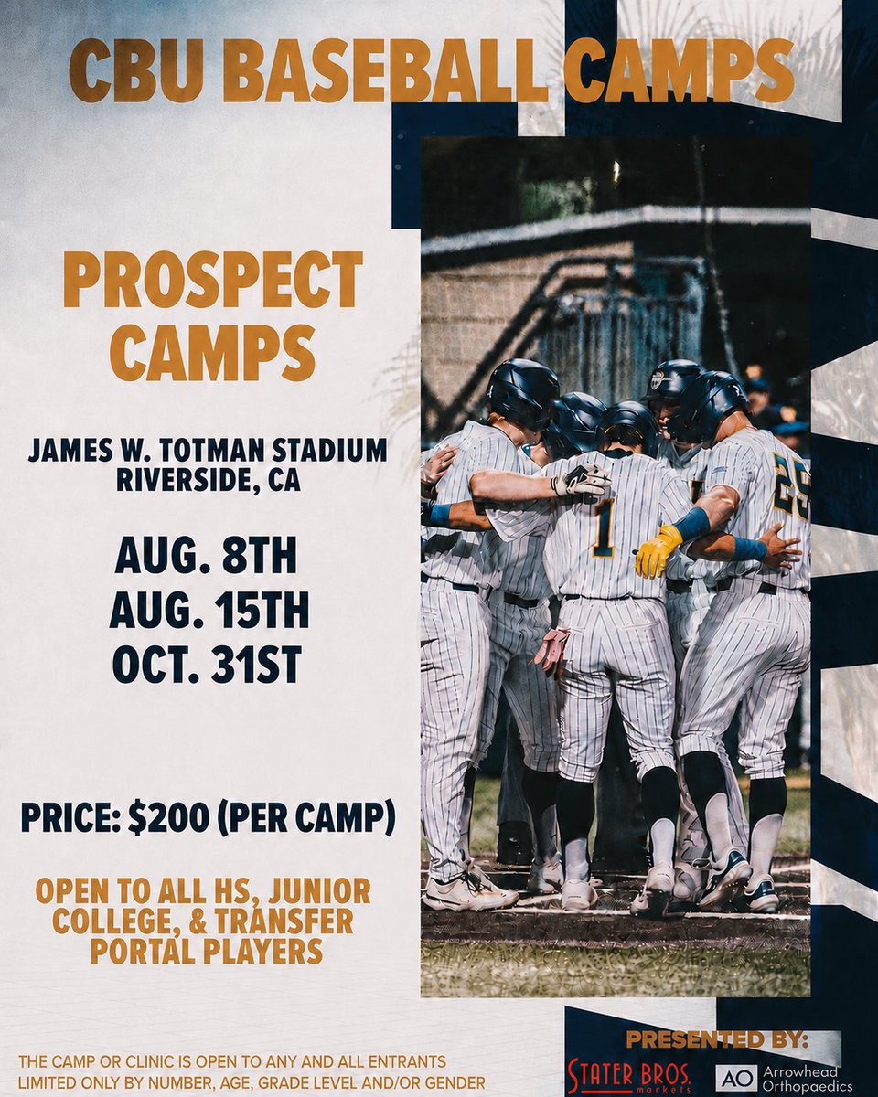 CBUbaseball's tweet photo. Prospect camps are almost upon us 👀

Sign up today for one of our three upcoming camps by this link. 

https://t.co/z8TWhoAdkv

Open to all HS, Junior College, and Transfer Portal players. 

📆 Dates: August 8th, August 15th, and October 31st

#LanceUp⚔️ https://t.co/vP3qusSsR7