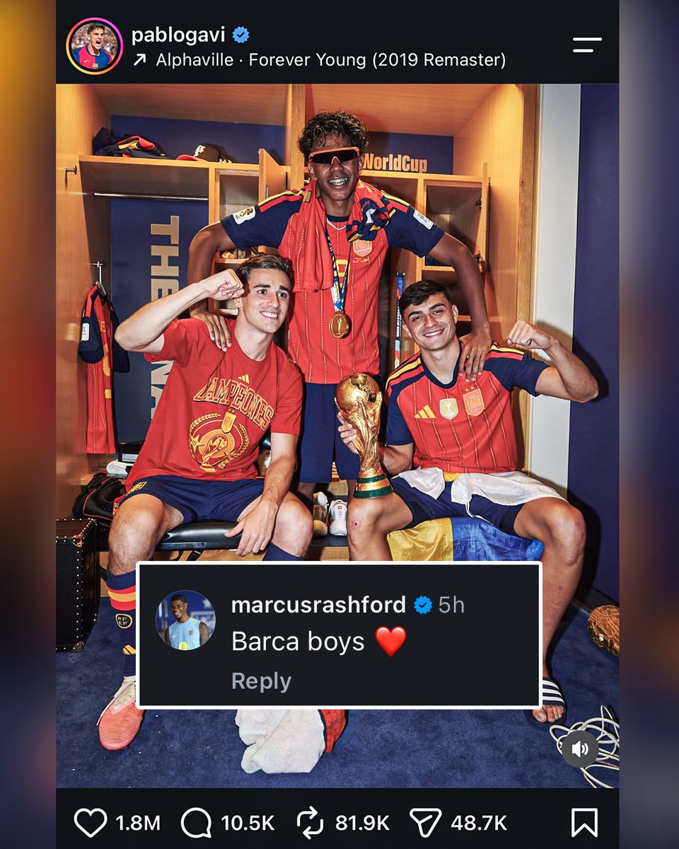 ESPNFC's tweet photo. Marcus Rashford on Gavi's World Cup winning post ❤️💙 https://t.co/vE5dDj1AP7