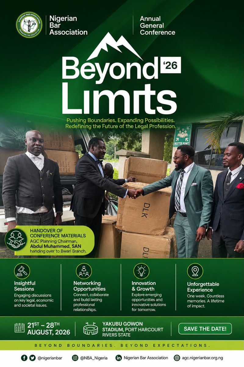 NigBarAssoc's tweet photo. *Your NBA 2026 AGC Conference Materials Are Ready for Collection! 🎉*

The wait is over!

Members are hereby informed that the collection of NBA AGC 2026 Conference Bags and Materials will commence from Monday, 27th July, 2026.

*Kindly contact your Branch Secretariat for details regarding the collection schedule and designated pick-up arrangements for your branch.*

As we count down to Beyond Limits ’26, ensure you collect your conference materials early and get ready for an unforgettable experience of learning, networking, innovation, and professional growth.

We look forward to welcoming you to Port Harcourt for an extraordinary conference.

Beyond Limits ’26
Beyond Boundaries. Beyond Expectations.

#NBAAGC2026 #BeyondLimits26 #ConferenceMaterials #ConferenceBag #NigerianBarAssociation #LegalProfession #PortHarcourt2026