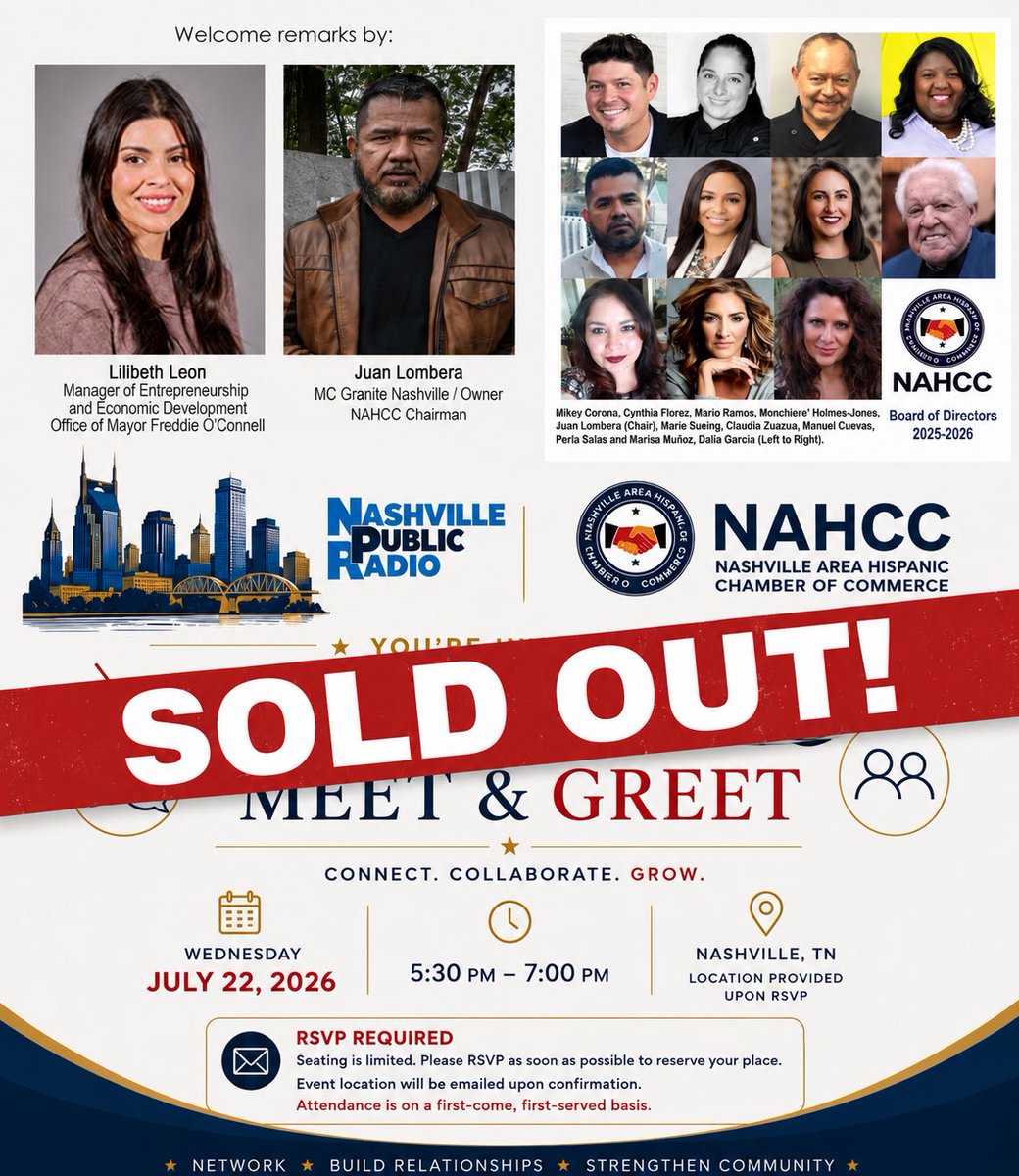 NashHispChamber's tweet photo. SOLD OUT! 🎉
Tonight’s @NashHispChamber Networking Meet & Greet is officially at capacity.
Thank you to @WPLNNews for partnering with us to bring our members together for an evening of connection, collaboration, and community!
#UnityInCommunity #NAHCC #Networking #Partnerships https://t.co/hcCbPAOZPM