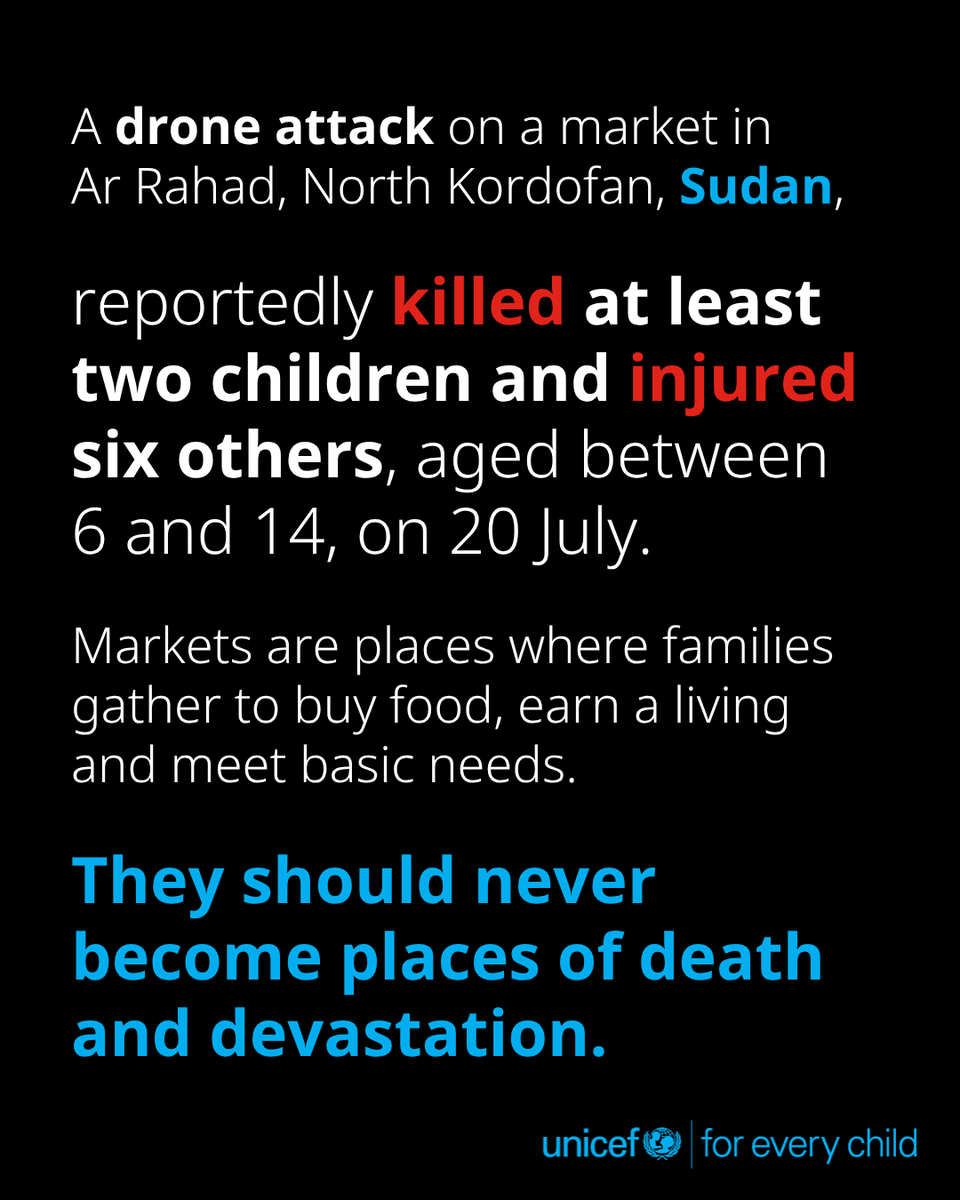 UNICEF's tweet photo. “Every child killed or injured is one too many.

UNICEF calls on all parties to protect civilians and civilian infrastructure, comply with their obligations under international humanitarian law, and allow and facilitate safe, rapid and unimpeded humanitarian access to children and communities in need.” - @UNICEFSudan's Sheldon Yett

Read more on the situation for children in Sudan: https://t.co/lYUjQdjNZK