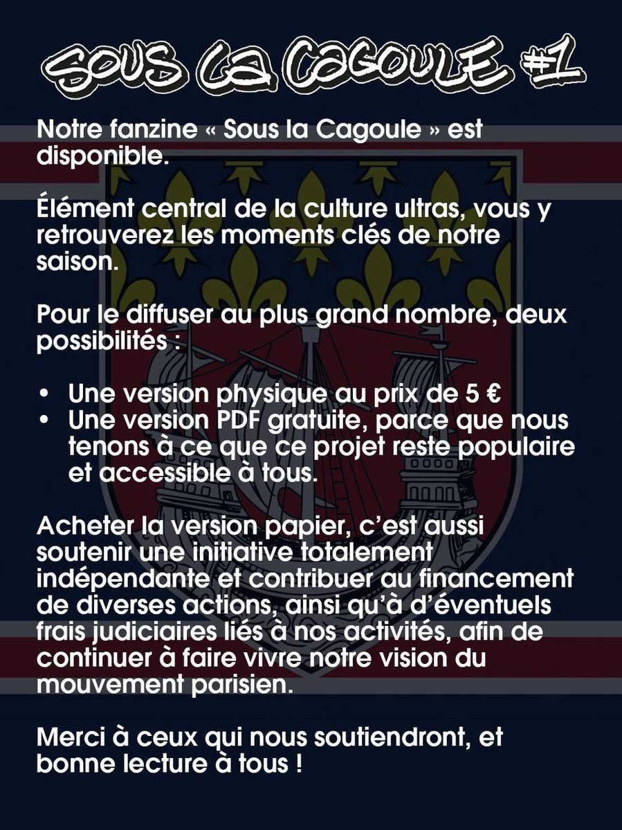 sparisiens1970's tweet photo. Notre premier fanzine est disponible.

Intitulé « Sous la Cagoule », ce premier numéro revient sur les moments marquants de notre saison.

Version papier : 5 € (+ 5 € de frais de livraison)

Version PDF : gratuite (en lien bio) https://t.co/HlbI75vkuu