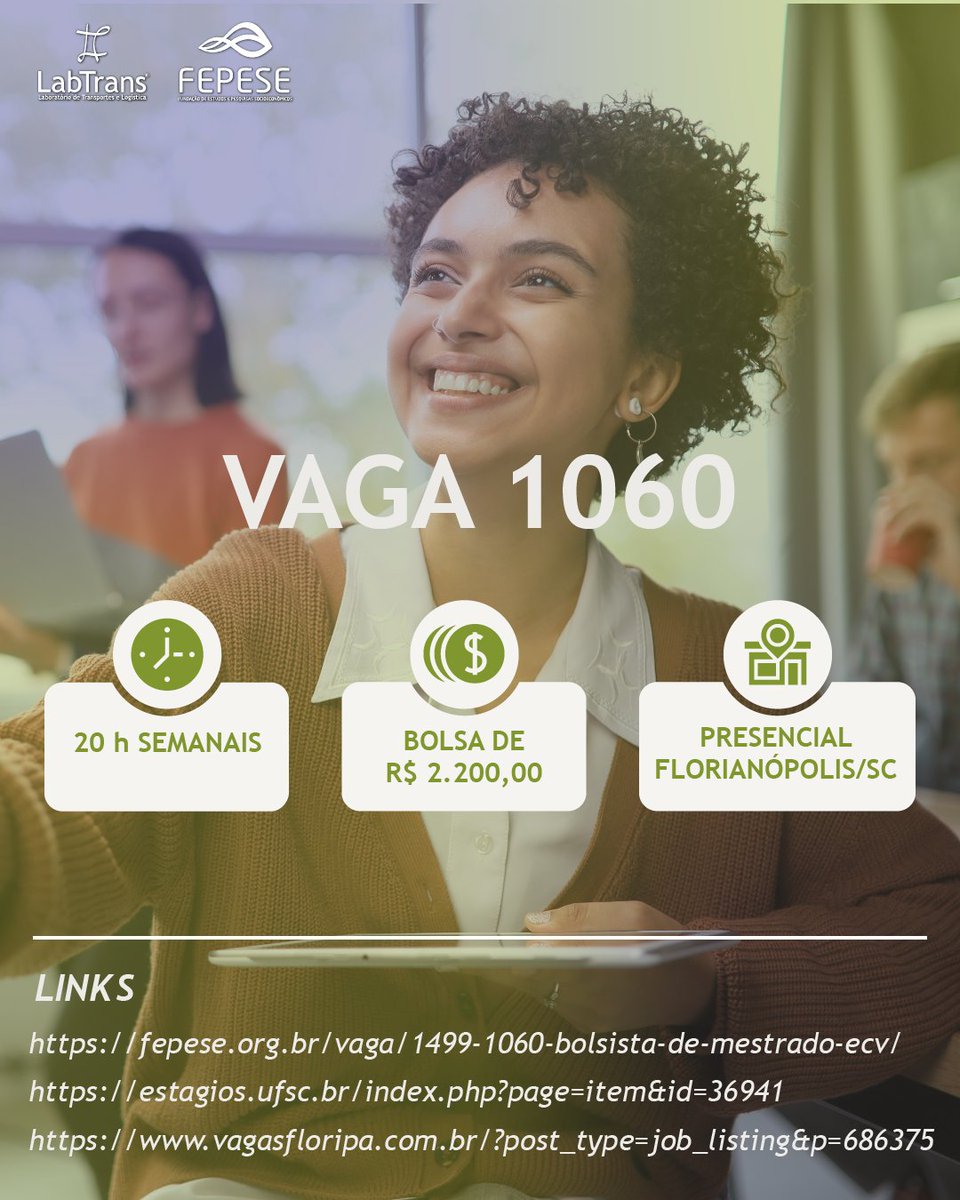 LabtransUFSC's tweet photo. ⚓ É mestrando em Engenharia Civil e tem interesse em estudos e projetos portuários? O LabTrans/UFSC tem uma vaga pra você!

Essa é a sua chance de atuar em projetos que impactam diretamente a infraestrutura logística do Brasil! Se você curte trabalhar com análise técnica, modelagem e softwares de projeto, essa oportunidade é imperdível.

🚢 O que você vai fazer:
• Apoiar no desenvolvimento de estudos e projetos voltados a áreas portuárias
• Trabalhar em equipe com engenheiros, economistas e demais profissionais do LabTrans
• Elaborar relatórios técnicos com base nas demandas dos projetos

📚 Requisitos esperados:
🔹 Boa comunicação, proatividade, perfil analítico e boa escrita
🔹 Conhecimento em Revit, AutoCAD Civil 3D e InfraWorks
🔹 Domínio básico do Pacote Office, especialmente Word e Excel

📌 Informações da vaga – Nº 1060:
🕒 20h semanais
💰 Bolsa: R$ 2.200,00
📍 Modalidade: Presencial – Florianópolis/SC

🔗 Inscreva-se no link: https://t.co/J8Zz5wHshS

🚀 Junte-se à equipe do LabTrans e desenvolva sua carreira com propósito!

#VagasLabTransUFSC #VagasUFSC #EngenhariaCivil #ProjetosPortuários #InfraWorks #AutoCADCivil3D #EstágioMestrado

👉 Lembrando: a vaga é para o modelo de trabalho presencial e dúvidas podem ser tiradas diretamente com a FEPESE, responsável pela seleção.
