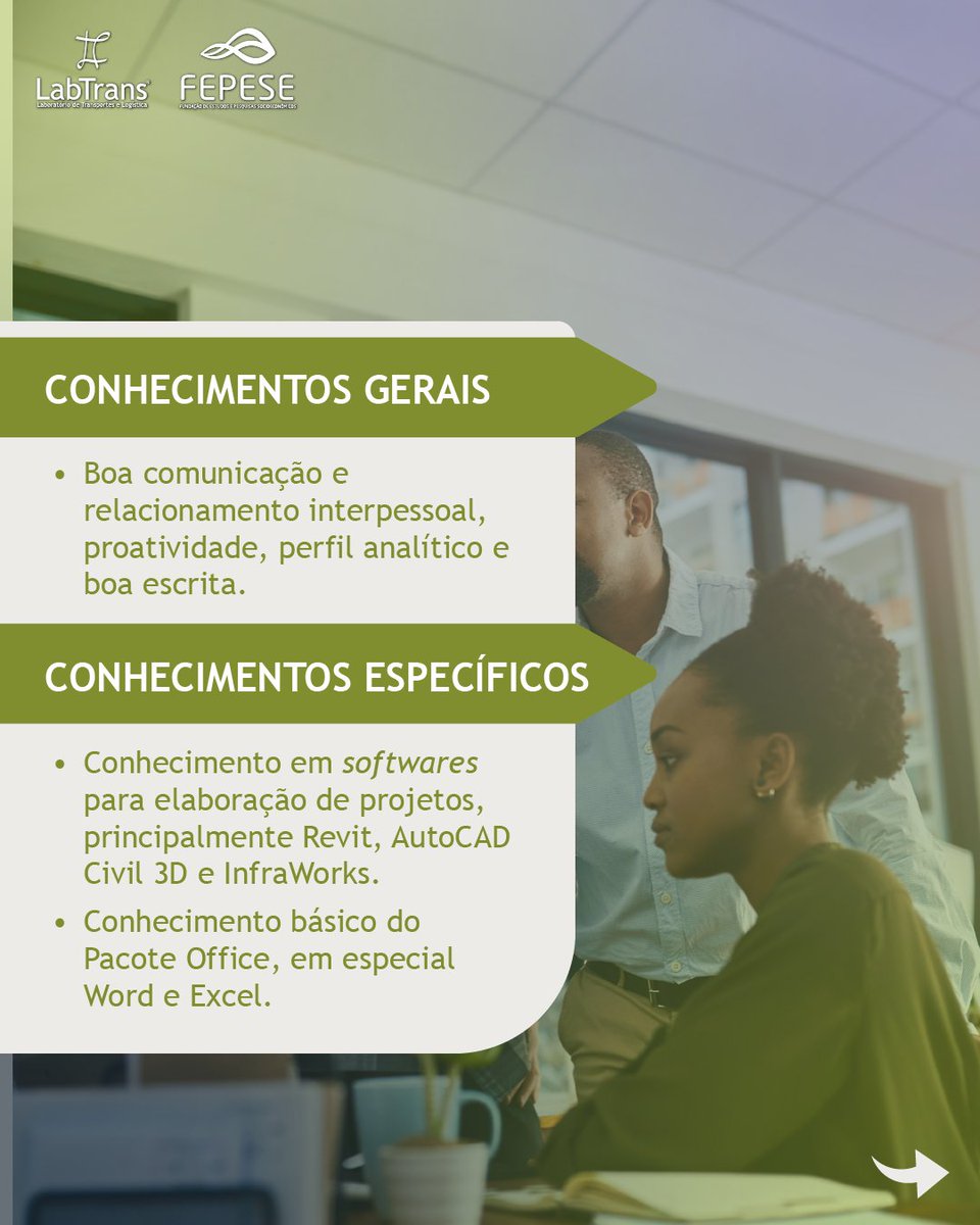LabtransUFSC's tweet photo. ⚓ É mestrando em Engenharia Civil e tem interesse em estudos e projetos portuários? O LabTrans/UFSC tem uma vaga pra você!

Essa é a sua chance de atuar em projetos que impactam diretamente a infraestrutura logística do Brasil! Se você curte trabalhar com análise técnica, modelagem e softwares de projeto, essa oportunidade é imperdível.

🚢 O que você vai fazer:
• Apoiar no desenvolvimento de estudos e projetos voltados a áreas portuárias
• Trabalhar em equipe com engenheiros, economistas e demais profissionais do LabTrans
• Elaborar relatórios técnicos com base nas demandas dos projetos

📚 Requisitos esperados:
🔹 Boa comunicação, proatividade, perfil analítico e boa escrita
🔹 Conhecimento em Revit, AutoCAD Civil 3D e InfraWorks
🔹 Domínio básico do Pacote Office, especialmente Word e Excel

📌 Informações da vaga – Nº 1060:
🕒 20h semanais
💰 Bolsa: R$ 2.200,00
📍 Modalidade: Presencial – Florianópolis/SC

🔗 Inscreva-se no link: https://t.co/J8Zz5wHshS

🚀 Junte-se à equipe do LabTrans e desenvolva sua carreira com propósito!

#VagasLabTransUFSC #VagasUFSC #EngenhariaCivil #ProjetosPortuários #InfraWorks #AutoCADCivil3D #EstágioMestrado

👉 Lembrando: a vaga é para o modelo de trabalho presencial e dúvidas podem ser tiradas diretamente com a FEPESE, responsável pela seleção.
