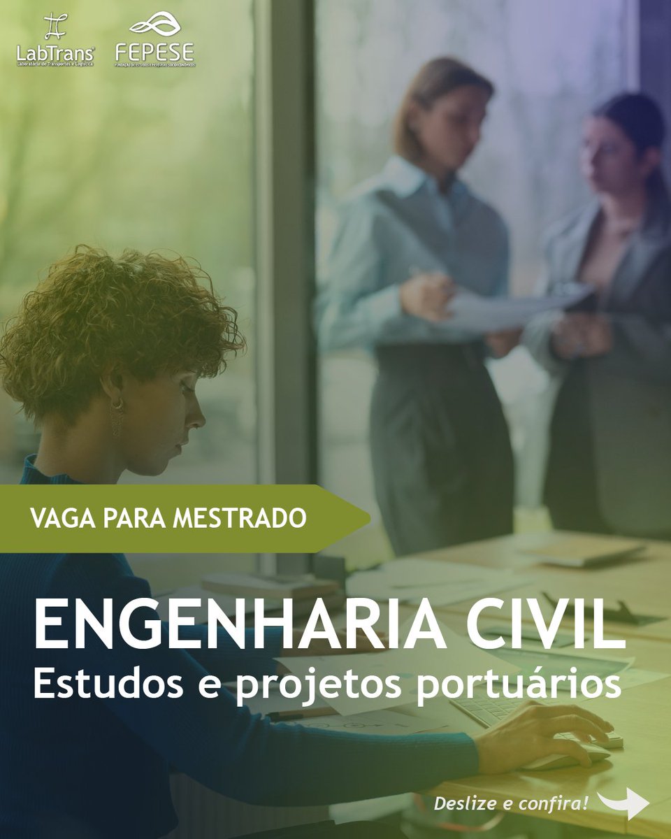 LabtransUFSC's tweet photo. ⚓ É mestrando em Engenharia Civil e tem interesse em estudos e projetos portuários? O LabTrans/UFSC tem uma vaga pra você!

Essa é a sua chance de atuar em projetos que impactam diretamente a infraestrutura logística do Brasil! Se você curte trabalhar com análise técnica, modelagem e softwares de projeto, essa oportunidade é imperdível.

🚢 O que você vai fazer:
• Apoiar no desenvolvimento de estudos e projetos voltados a áreas portuárias
• Trabalhar em equipe com engenheiros, economistas e demais profissionais do LabTrans
• Elaborar relatórios técnicos com base nas demandas dos projetos

📚 Requisitos esperados:
🔹 Boa comunicação, proatividade, perfil analítico e boa escrita
🔹 Conhecimento em Revit, AutoCAD Civil 3D e InfraWorks
🔹 Domínio básico do Pacote Office, especialmente Word e Excel

📌 Informações da vaga – Nº 1060:
🕒 20h semanais
💰 Bolsa: R$ 2.200,00
📍 Modalidade: Presencial – Florianópolis/SC

🔗 Inscreva-se no link: https://t.co/J8Zz5wHshS

🚀 Junte-se à equipe do LabTrans e desenvolva sua carreira com propósito!

#VagasLabTransUFSC #VagasUFSC #EngenhariaCivil #ProjetosPortuários #InfraWorks #AutoCADCivil3D #EstágioMestrado

👉 Lembrando: a vaga é para o modelo de trabalho presencial e dúvidas podem ser tiradas diretamente com a FEPESE, responsável pela seleção.