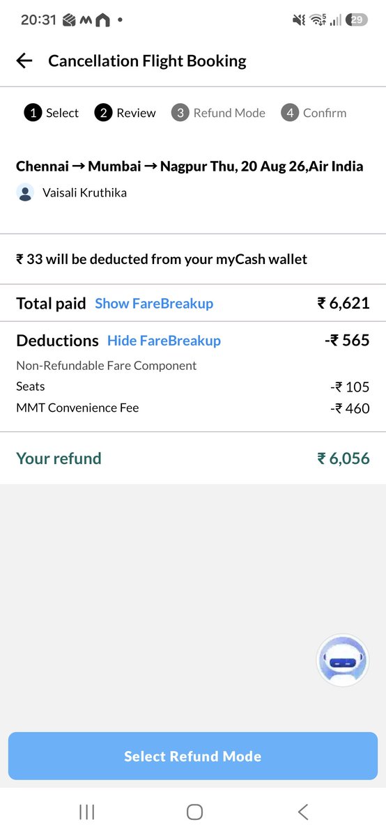 itsmerithi's tweet photo. @makemytrip the cancellation was showing only 350 but u charged 460. On top of it why is 105 for add on charged. This is cheated as per the aviation norms. Pls refund asap. https://t.co/MhYEVRVf59