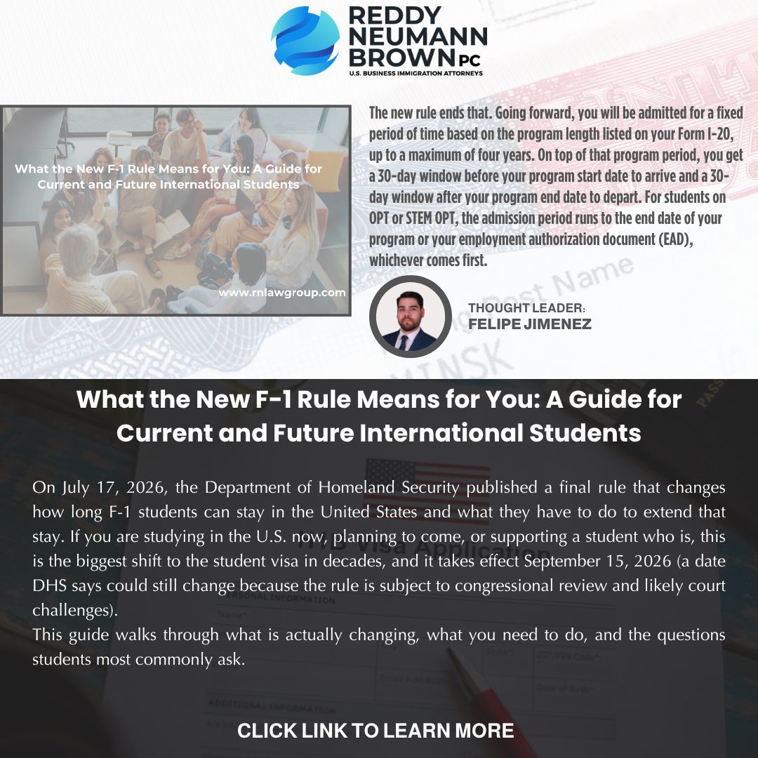 rnlawgroup's tweet photo. The Department of Homeland Security has published a final rule introducing the most significant changes to the F-1 student visa program in decades. The new rule replaces "Duration of Status (D/S)" with a fixed admission period and introduces new requirements affecting extensions of stay, travel, OPT, school transfers, and more.

In his latest article, Felipe Jimenez breaks down these complex changes, explains who they affect, and highlights the practical steps current and future international students should take to prepare.

📖 Read more: https://t.co/Dzv1Fi2lrJ 

#F1Visa #InternationalStudents #StudyInUSA #USCIS #ImmigrationLaw #StudentVisa #OPT #STEMOPT #HigherEducation