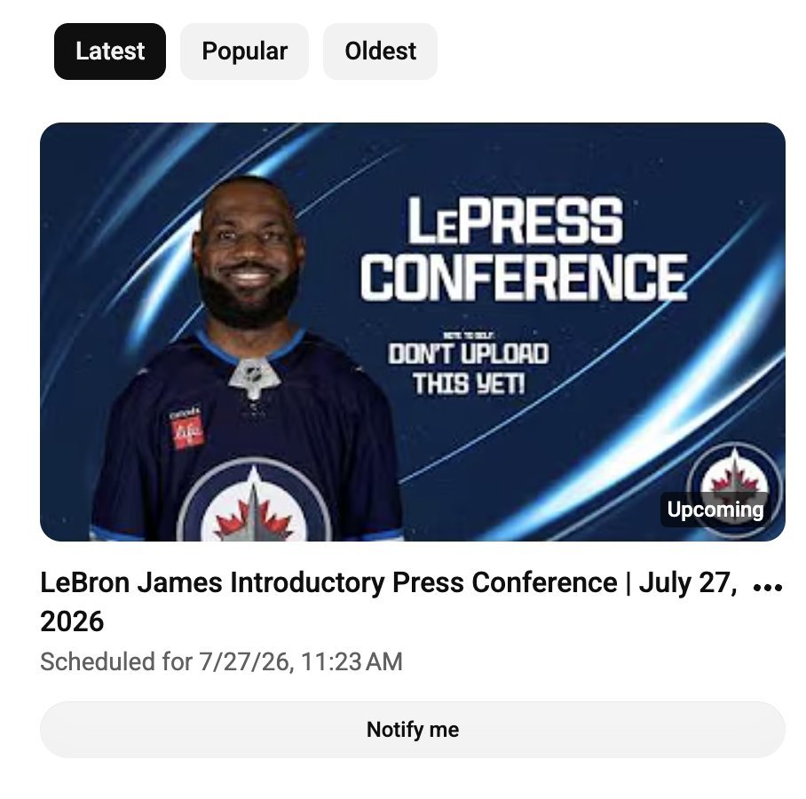 PolymarketSport's tweet photo. 🚨LEAK: The Winnipeg Jets YouTube channel might have accidentally leaked LeBron signing there… 😳

The video was immediately unlisted and privated.

(via @NHLJets)