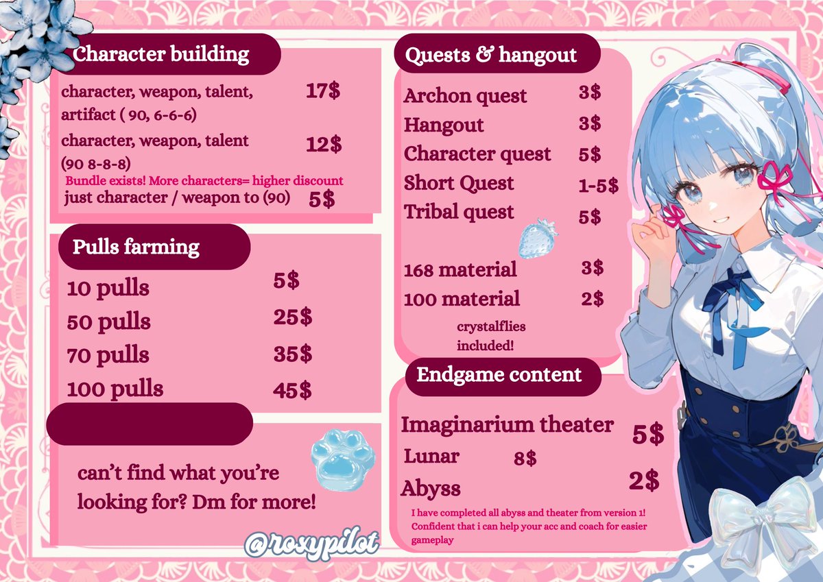 Roxxxx_xxxx's tweet photo. Introducing Roxy piloting service!🎐

Need to keep up with Genshin? Need more pulls/too exhausted for exploration? Fast, trustworthy and over 5+ years of experience. 

No worries, Roxy is here to help! Dm to avail or visit my discord server https://t.co/JXz8VIStxw

RT appreciated https://t.co/4y7KJQmZdh