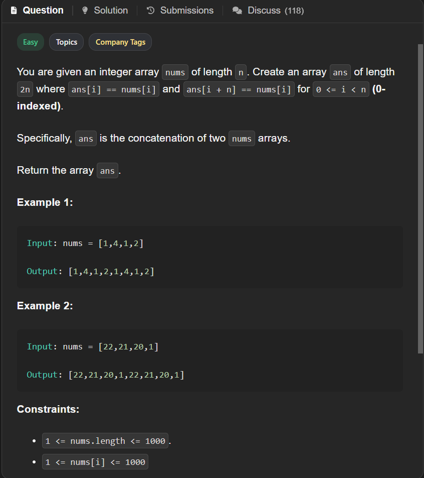 _priyanshi9's tweet photo. NeetCode 250 – Day 1

Question: Concatenation of Array

Time Complexity: O(n)
Space Complexity: O(n)
A nice, easy warm-up to get comfortable with array traversal. 🚀
#NeetCode250 #Day1 #Array #LeetCode #DSA https://t.co/sijcU7XdgZ