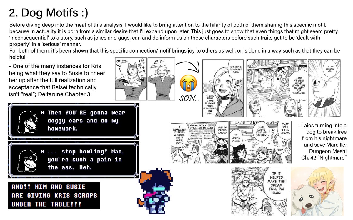 jaxtrice's tweet photo. As a result of the fic we got from Toby, I've seen people say that the connection between Kris &amp; Laios relied on the basic premise that they're both the protagonists of their respective works, and that was it. Today, I'd like to argue that there's actually more to it! #deltarune https://t.co/r3q8vIJt3J
