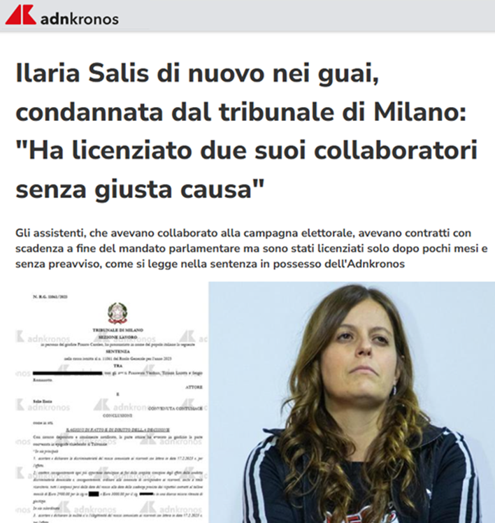 paola_g64's tweet photo. Ilaria #Salis è stata #condannata in #contumacia dal Tribunale di Milano per aver licenziato 2 collaboratori senza giusta causa e senza preavviso.
Il suo CV si arricchisce di una condanna in absentia per violazione dei diritti sul #lavoro
Coerenza in caduta libera. #AVS https://t.co/8tVr0a8d8Q