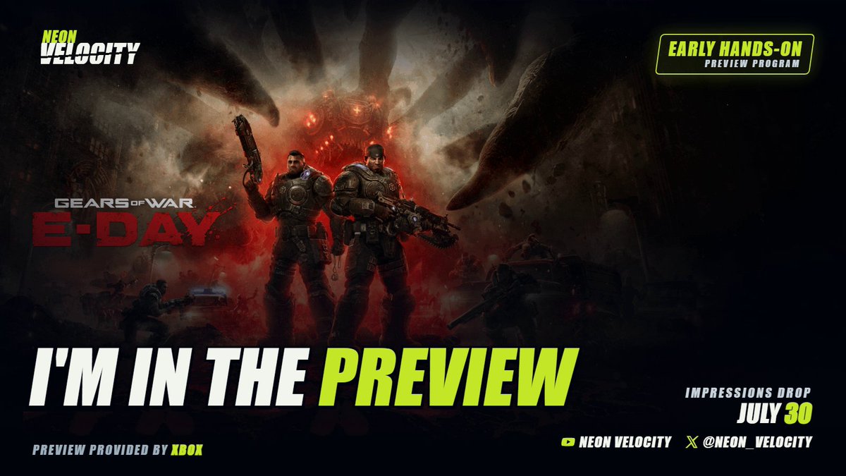Neon_Velocity's tweet photo. I'm happy to announce that I'm taking part in the Gears of War: E-Day preview!

My full impressions drop July 30. 

Preview provided by @XBOX #GearsOfWar #EDay #xbox https://t.co/0KmKC0wEeJ