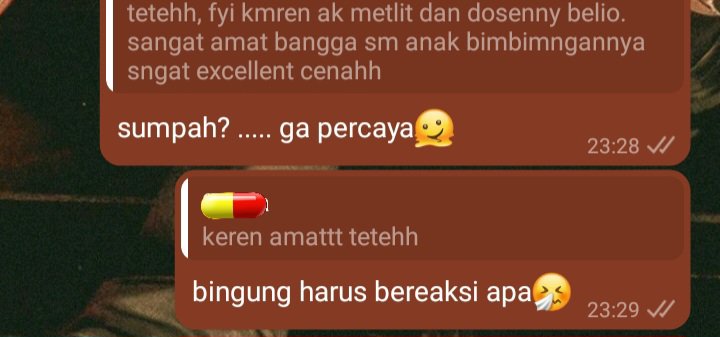 itsadhtyss's tweet photo. aku + dosbing = love hate relationship bangettt 🤡

antara seneng karena ternyata beliau memuji anak bimbingnya ini di depan deting..

tapi kepikiran semua perkataan dan perbuatan yang pernah bikin nangessssssss💦😵🤒😱😭😰🤢🤐🙃

bukan dendam kesumattt yaa cuman ... 
tapi terima kasih bu🙏🏻😊🙏🏻