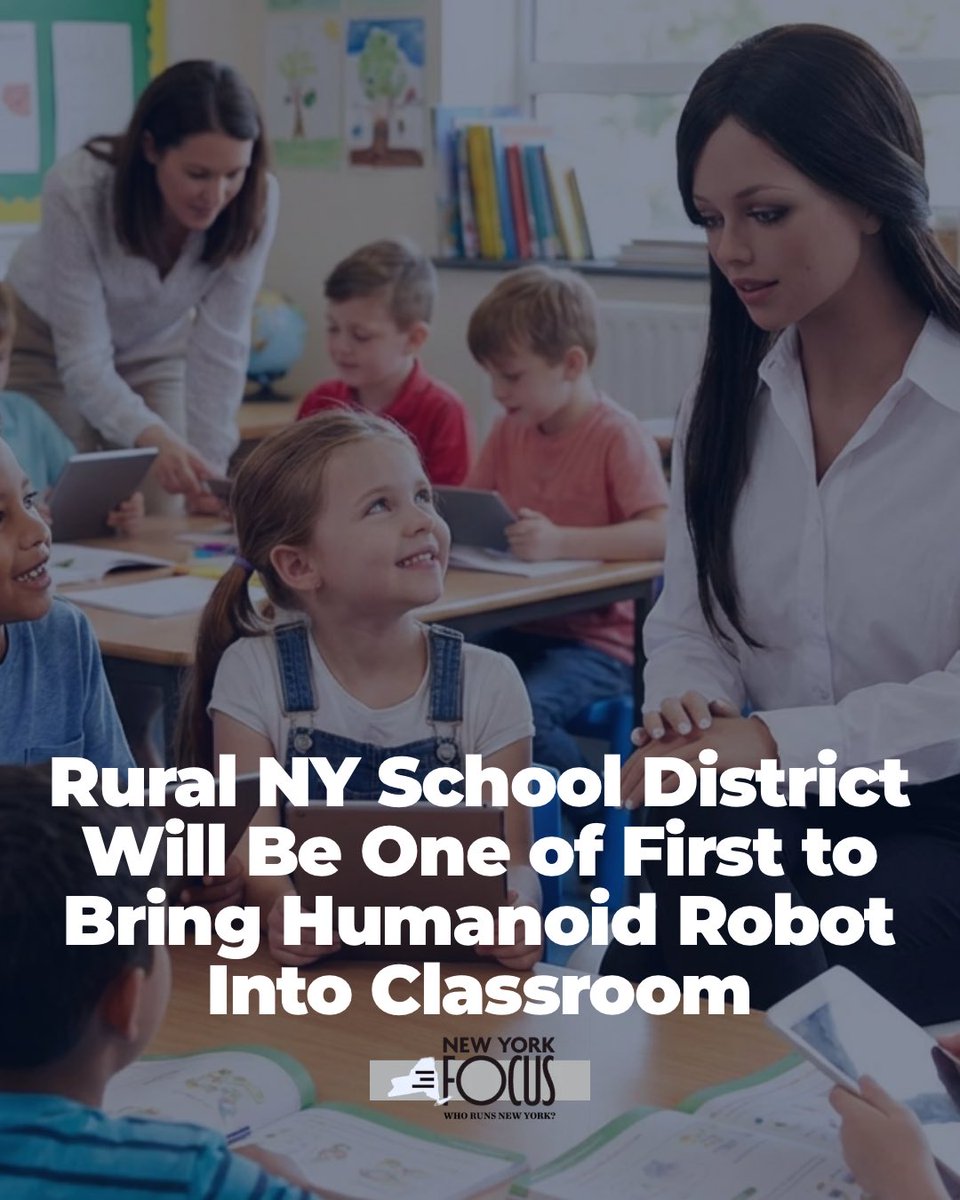 SenSanders's tweet photo. Big Tech companies are now pushing humanoid robots to replace teachers.
 
Do we really want AI robots teaching our children?
 
Maybe I'm old-fashioned, but I believe our children deserve caring, well-trained teachers—not robots programmed to replace them. https://t.co/6xS5YMiv2x