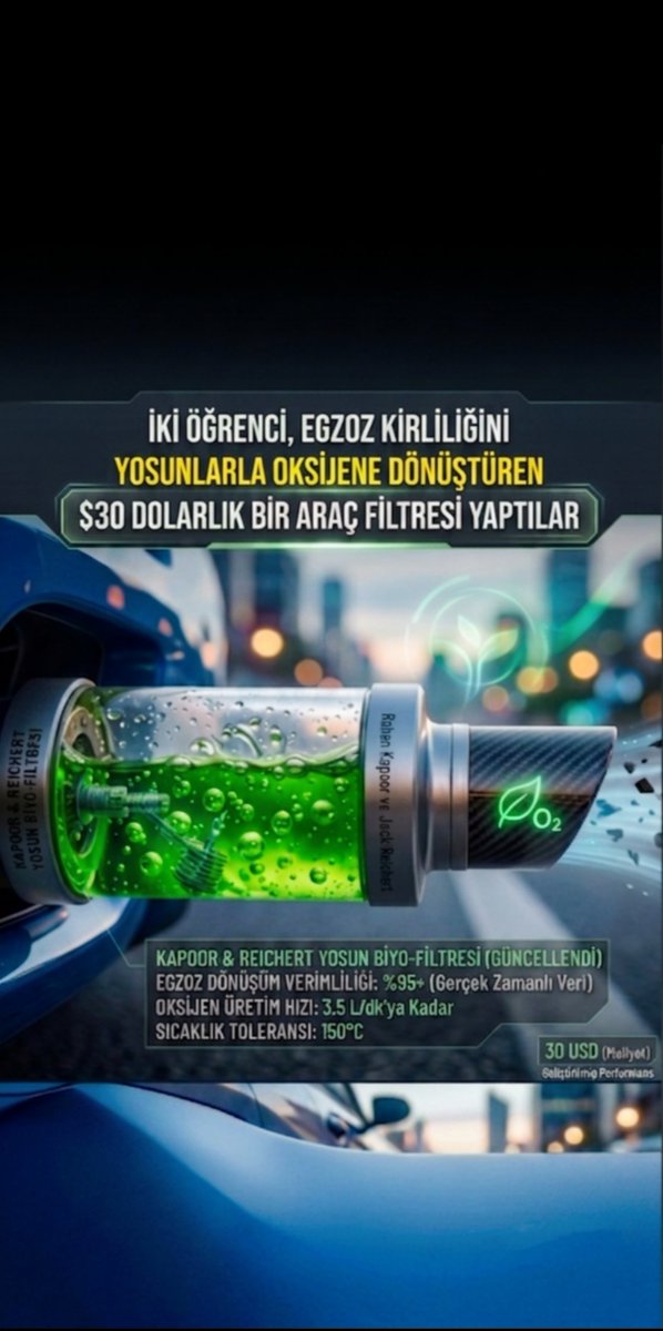 bilimmekani's tweet photo. Pennsylvania’dan 18 yaşındaki lise son sınıf öğrencileri Rohan Kapoor ve Jack Reichert, doğrudan aracın egzoz borusuna takılan bir cihaz geliştirdi.

Bu küçük biyoreaktörün içinde canlı algler, su ve LED ışıklar bulunuyor. 

Detaylar Instagram profilinde.. https://t.co/uanmnYSsQq
