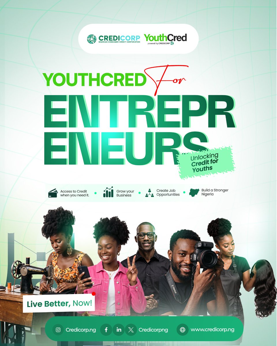 CrediCorpNG's tweet photo. Today, the Nigerian Consumer Credit Corporation (CREDICORP) launched YouthCred for Entrepreneurs, the third and most ambitious phase of the YouthCred programme, at the Federal Ministry of Finance Auditorium in Abuja. 

The programme is a coordinated national effort. The Federal Ministry of Finance provides policy oversight, CREDICORP delivers the capital and credit infrastructure, while Partner Financial Institutions handle underwriting, loan disbursement and business support.