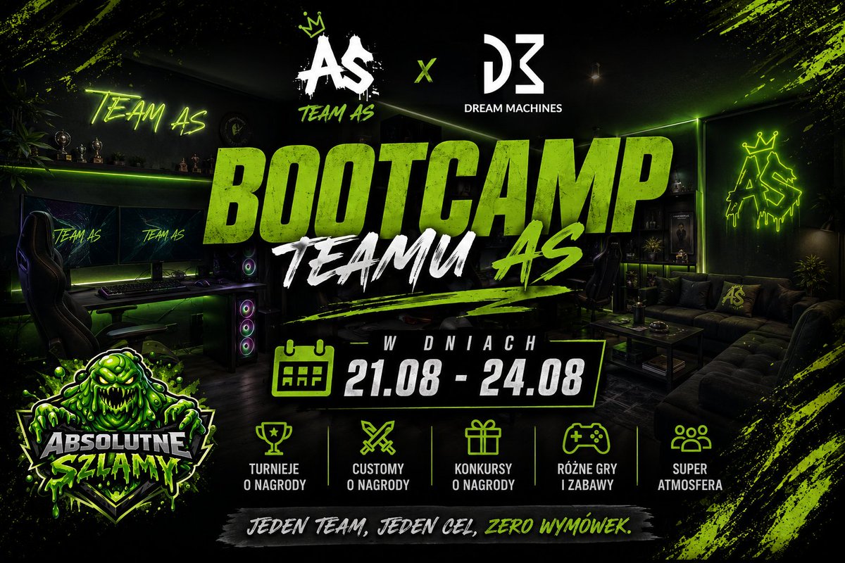 torpi_fn's tweet photo. W dniach 21.08-24.08 odbędzie się pierwszy w historii bootcamp naszego Teamu Absolutne Szlamy. Zaproszenie na niego dostało 3 naszych zawodników. Całe wydarzenie będzie streamowane na moim twitchu: torpi_fn ,a do wygrania będzie sporo nagród od @Dream__Machines https://t.co/1imIKGtxN9