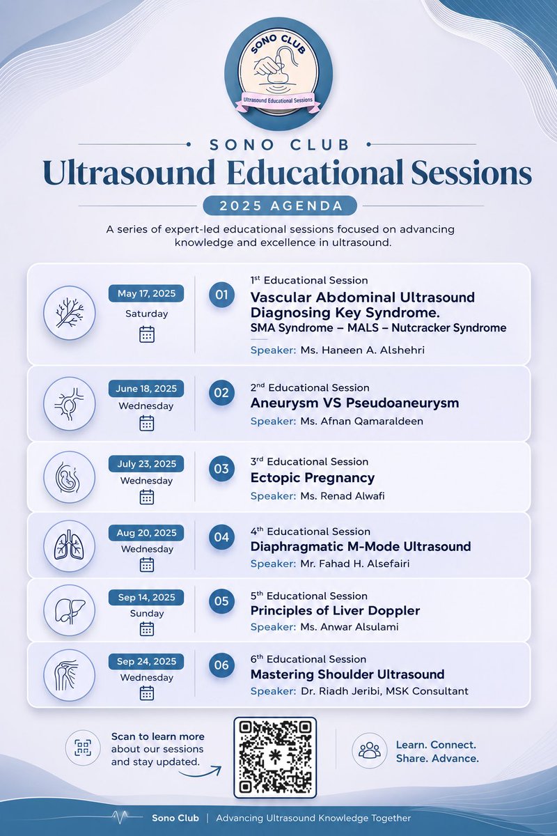 SonoClubsa's tweet photo. Sono Club 🥇 Anniversary 
In 2025, Sono Club launched 6 ultrasound educational sessions for advancing ultrasound knowledge through high-quality education.

Thank you to our speakers, &amp; anyone who supported this initiative. This is just the beginning💙

#SonoClubsa  #SonoClubeb https://t.co/XFXshu9s17