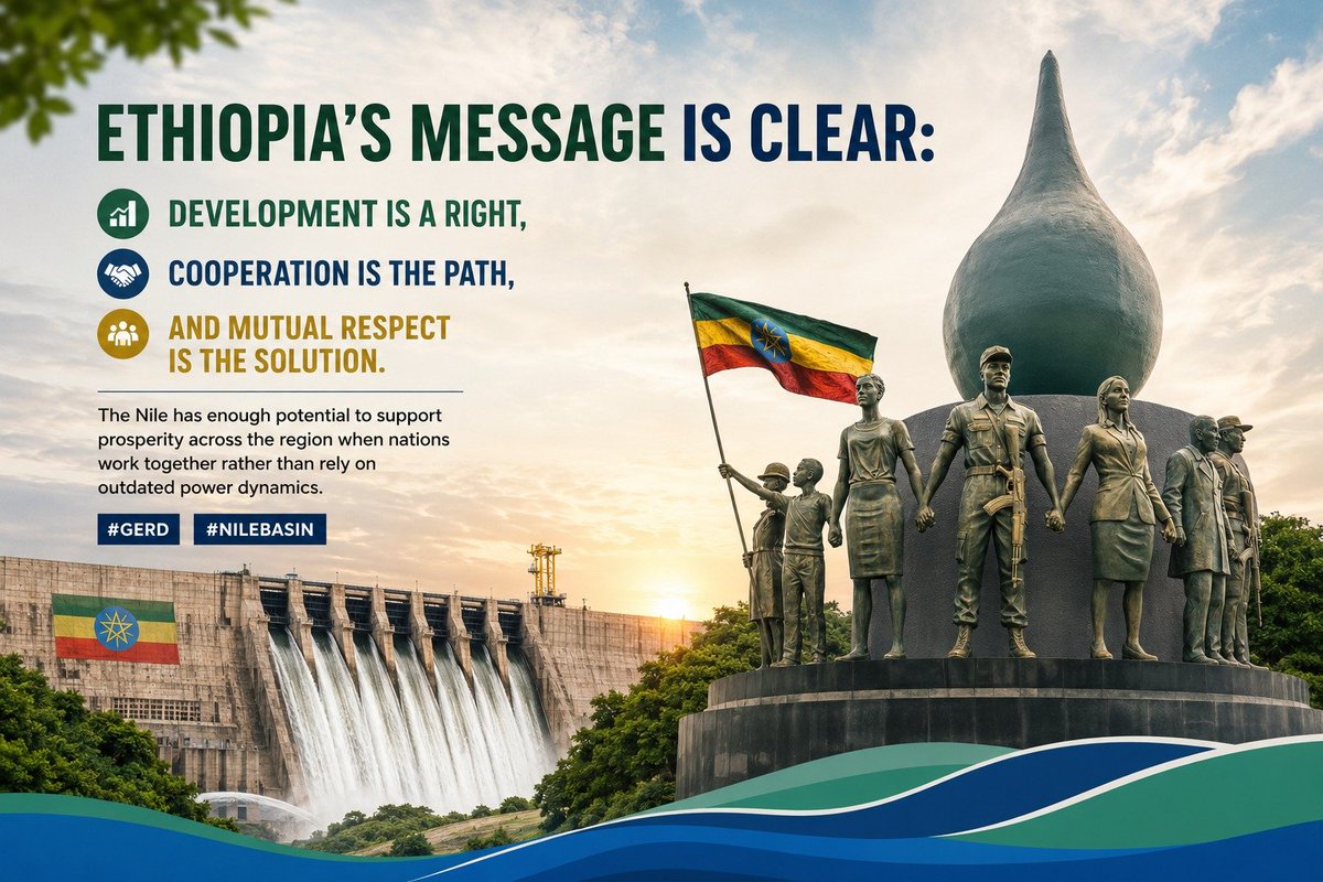 umoti1's tweet photo. Ethiopia's message is clear: development is a right, cooperation is the path, and mutual respect is the solution. The Nile has enough potential to support prosperity across the region when nations work together rather than rely on outdated power dynamics. 🇪🇹🤝 #GERD #NileBasin https://t.co/mJMDbVLf0w