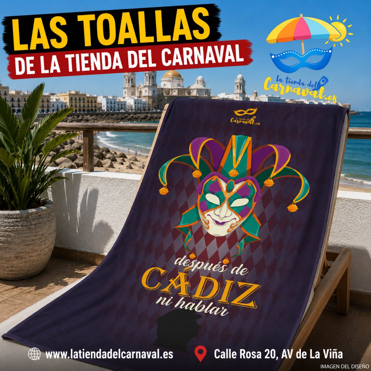 Localdeensayojm's tweet photo. 🏖️🎭 Las toallas del #carnavaldecadiz ya te esperan en La Tienda del Carnaval.

Perfectas para disfrutar del verano.

✨ ¡Y recuerda, tenemos muchos más modelos disponibles!

https://t.co/PEVPTPYX2X 
📍 Calle Rosa 20, Av. de La Viña

#latiendadelcarnaval #cadiz https://t.co/L7wJoBXi6V
