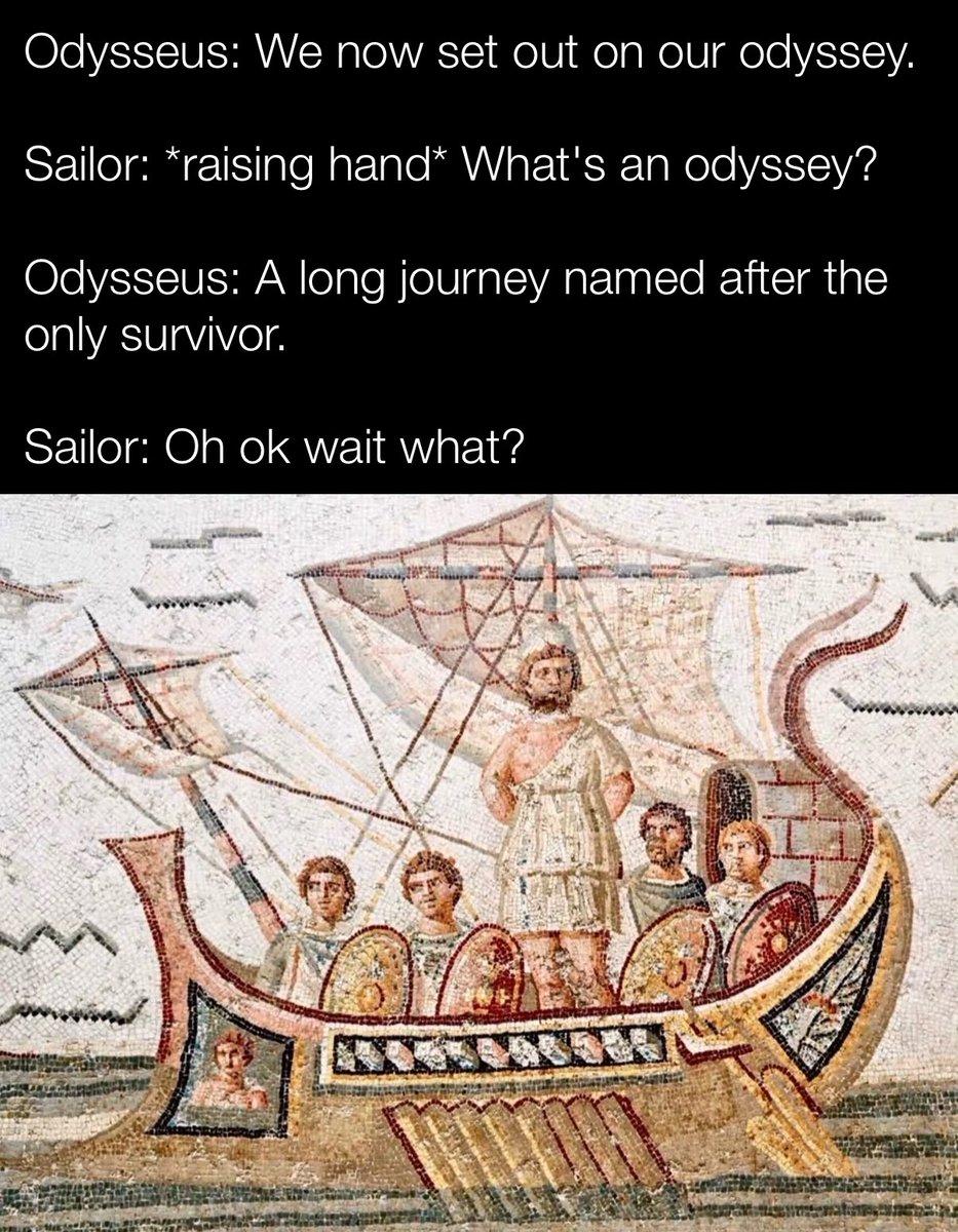 historyinmemes's tweet photo. The word “odyssey” comes directly from the title of Homer’s ancient Greek epic, The Odyssey, known in Greek as Ὀδύσσεια (Odýsseia), meaning “the story of Odysseus.” The title itself comes from the name of the hero, Odysseus (Ὀδυσσεύς), whose legendary journey home after the Trojan War forms the heart of the poem.

By the late 16th century, English writers began using “odyssey” as a common noun rather than only as the name of Homer’s epic. Because Odysseus’s voyage was a long, difficult journey filled with danger, discovery, and unexpected challenges, the word evolved to describe any extended adventure or personal journey.

Today, “odyssey” remains one of the rare book titles that has become part of everyday language. Other examples include “quixotic” from Don Quixote, “utopia” from Thomas More’s Utopia, and “catch-22” from Joseph Heller’s novel.