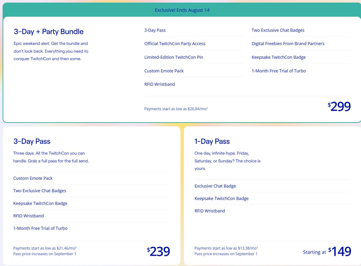 zachbussey's tweet photo. Twitchcon San Diego 2026 Tickets slated to go on sale soon.

$299 for the Three-Day Pass + Party
$239 for the Three-Day Pass
$159 for Friday or Saturday Pass
$149 for a Sunday Pass
$79 for the Party
Child Passes: $75-$80 for single days, $120 for 3-day. https://t.co/Gq3IA7FW6f