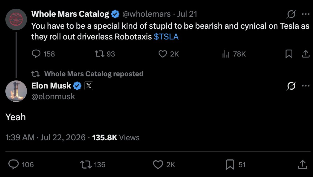 StockMKTNewz's tweet photo. Elon Musk is bull posting on X about Tesla's $TSLA RoboTaxi

He's feeling confident going into earnings today? https://t.co/qhfjq3gOvk