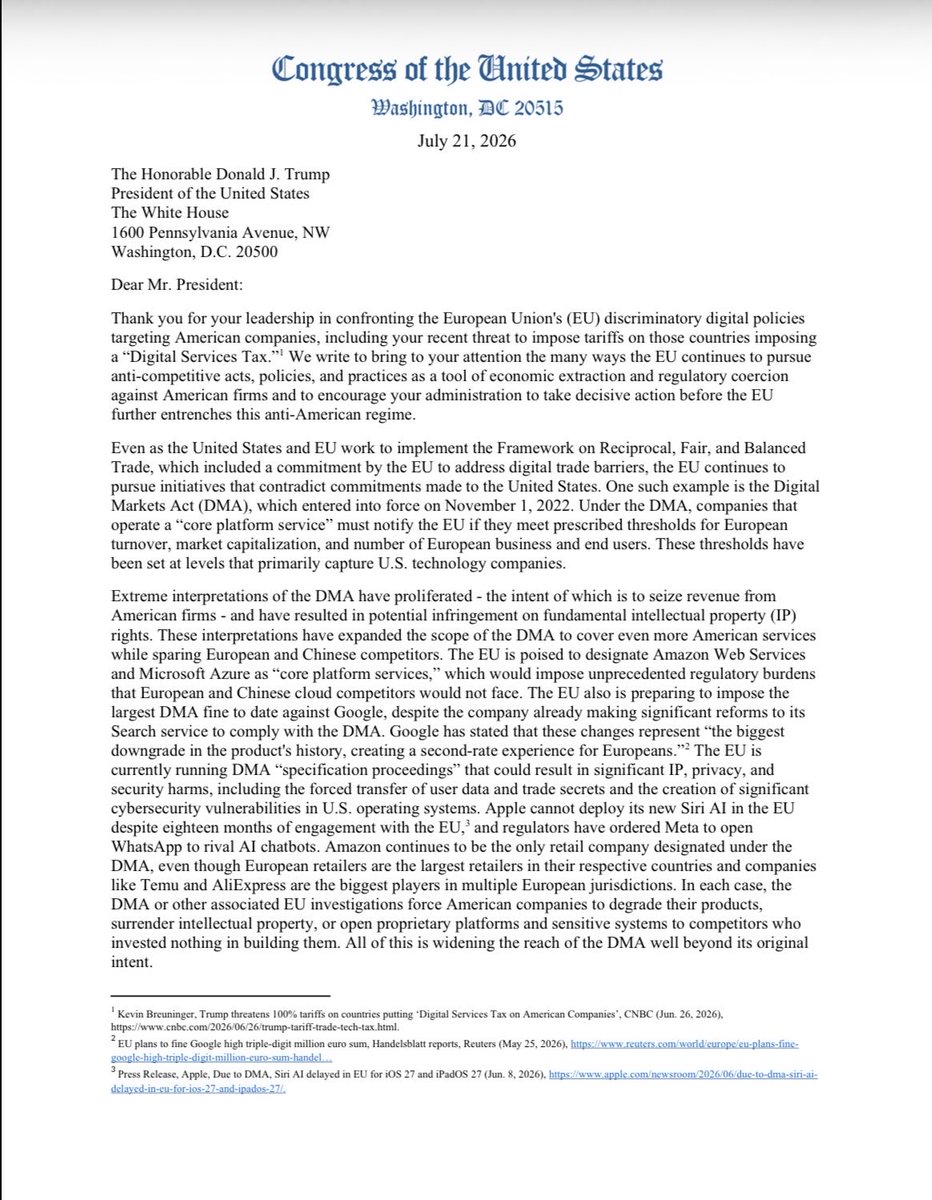 RepLaHood's tweet photo. For too long, the EU has unfairly targeted American companies with discriminatory digital trade practices and policies.

I was proud to lead a letter alongside several of my colleagues encouraging @potus to hold these countries accountable and ensure American workers and businesses can compete on a level playing field.