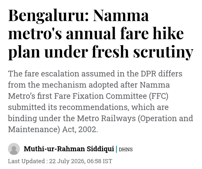 solidview's tweet photo. The headline is sympathetic to BMRCL.

BMRCL's misapplication of fare formula is still unresolved. 

Remember that Bengaluru.

For past 17 months we have paid 32% extra fare on our every metro trip.

Fare correction is not a choice, BMRCL.

It's your basic duty

@Secretary_MoHUA https://t.co/AvsS496ikE