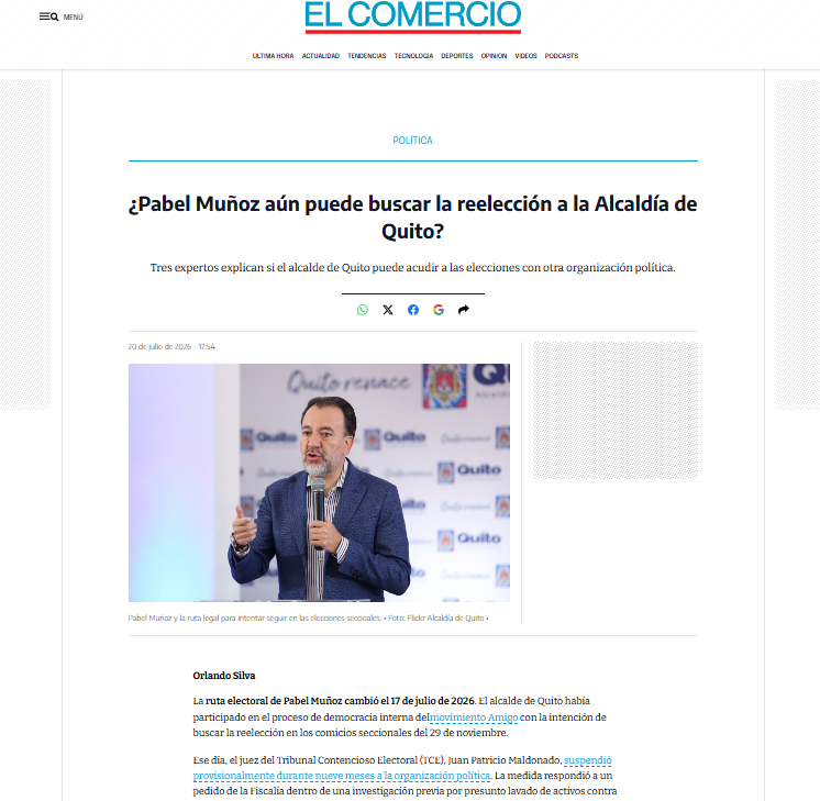 UIDE's tweet photo. 📰 #UIDEtoday | Pablo Játiva, docente de la Escuela de Derecho, explicó en @elcomerciocom que la suspensión del movimiento AMIGO no inhabilita a Pabel Muñoz como candidato; una eventual postulación dependerá de los procedimientos y plazos electorales.

https://t.co/xNR7xX2iOG https://t.co/nsK3ogj3xl