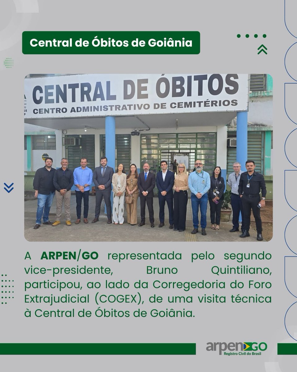 ArpenGoias's tweet photo. A ARPEN/GO participou de uma visita técnica à Gerência de Cemitérios e à Central de Óbitos de Goiânia, promovida pela Corregedoria do Foro Extrajudicial (COGEX). A entidade foi representada pelo seu segundo vice-presidente, Dr. Bruno Quintiliano. https://t.co/n4E9AMxif2