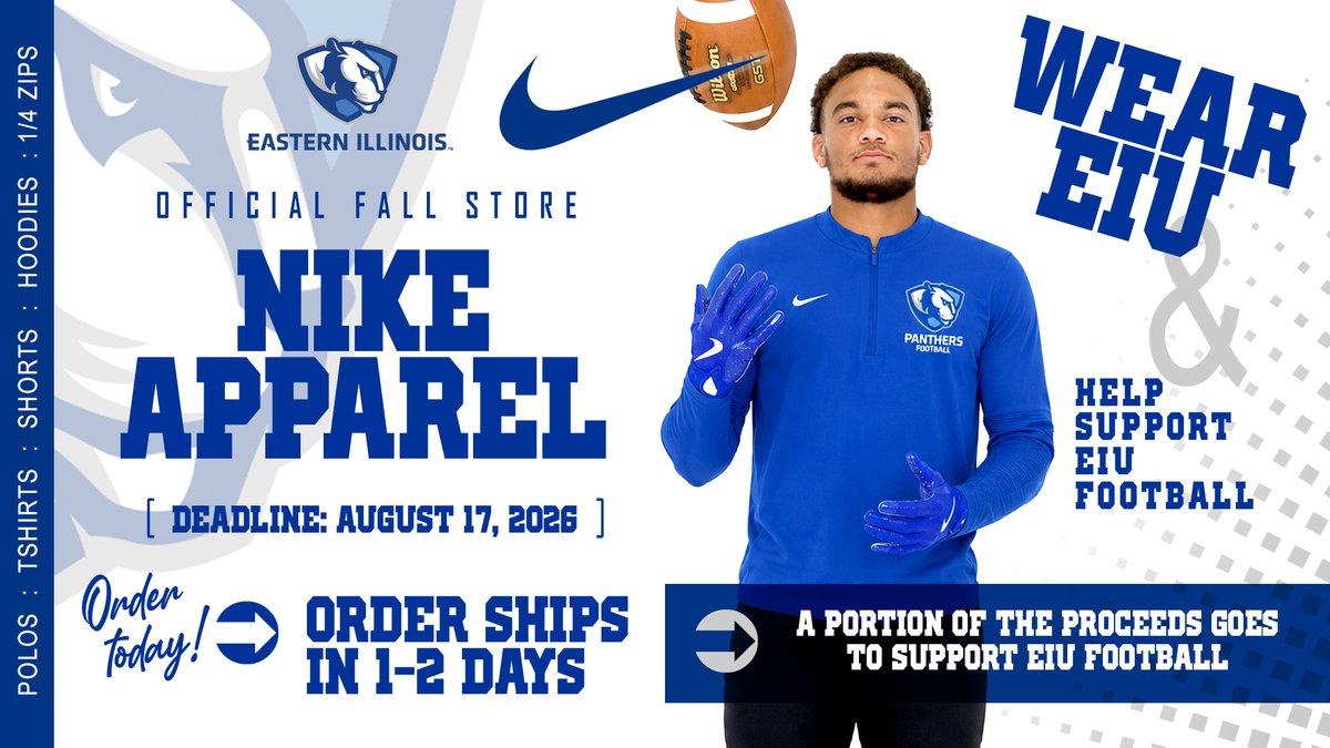 EIU_FB's tweet photo. The Official Nike EIU Football Team Store is open through August 17‼️

✔️ Official Nike apparel
✔️ Ships in 1–2 business days
✔️ Every purchase directly supports EIU Football
 
🔗https://t.co/i88suM7sSp

Get your @EIU_FB Gear Today🐾 https://t.co/s2CKfzLttO