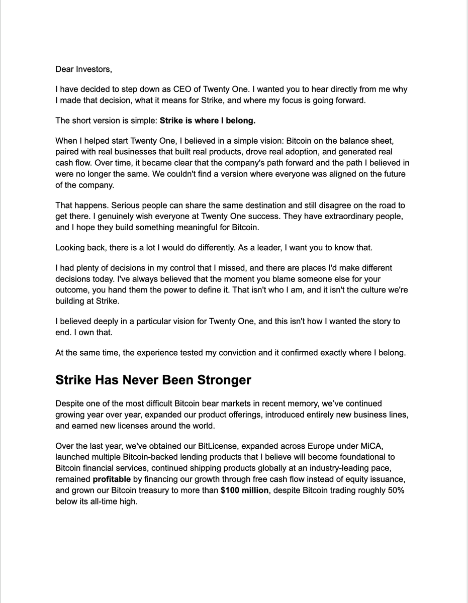 jackmallers's tweet photo. This is the letter I sent to @Strike investors.

Strike is my home. It's where I get to build what I want to see exist in the world.

Despite the bear market, Strike has never been stronger. We've continued to grow, remained profitable, expanded our products and global footprint, and built a Bitcoin treasury worth over $100M, even with bitcoin trading roughly 50% below its highs.

We're building the global Bitcoin financial institution Bitcoiners want to see exist. We're just getting started.