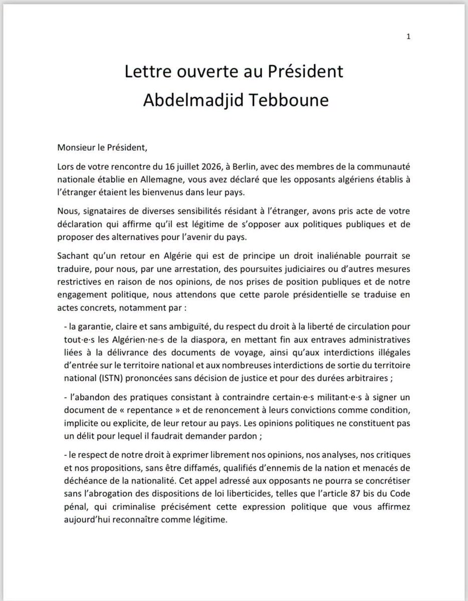 alakli's tweet photo. Des personnalités algériennes de la diaspora ont écrit à Abdelmadjid Tebboune pour avoir des garanties de rentrer au pays sans renoncer à leur droit de s'exprimer librement. https://t.co/jtintmomv2