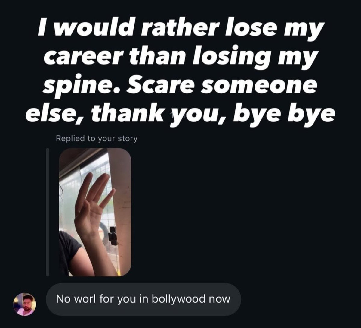 Amockx2022's tweet photo. This is peak courage 🗿

BJP supporter –– No work for you in bollywood because you supported protest 

Actor Ayesha Khan 🔥 –– "I would rather lose my career than losing my spine. Scare someone else" 

Stronger spine than Amir, Alia, Akshay and Amitabh Bachchan 🫡 https://t.co/cqqM2bDMm7