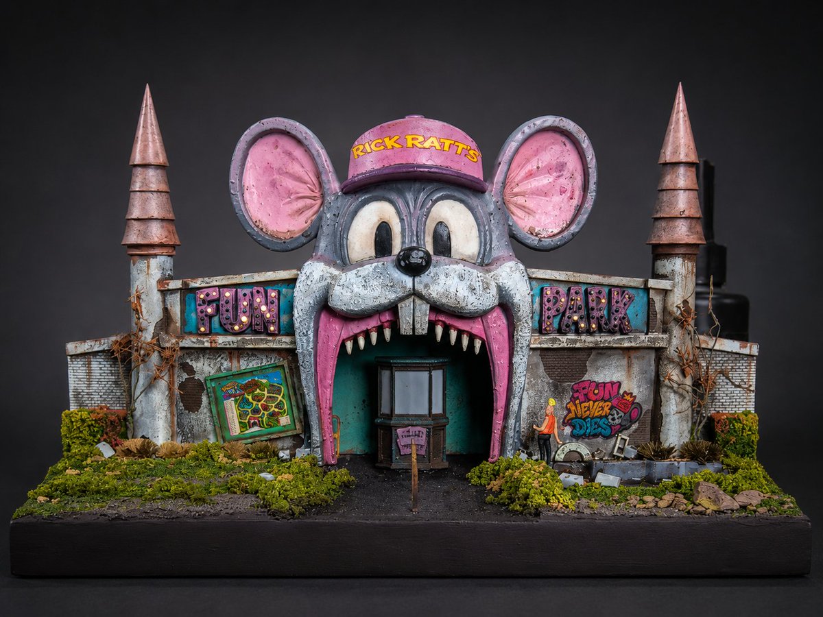 crematedplastic's tweet photo. 🚨 Available Now! 🚨
One in stock and ships mid August after @midsummerscream
Enter the abandoned Carnival known as Rick Ratt's Fun Park.
Display Options: self standing or wall mountable. Working LEDs.
https://t.co/GaT7zRv7L8
#amusementpark #MiniatureModel #scalemodel https://t.co/d3vkKXjhcg