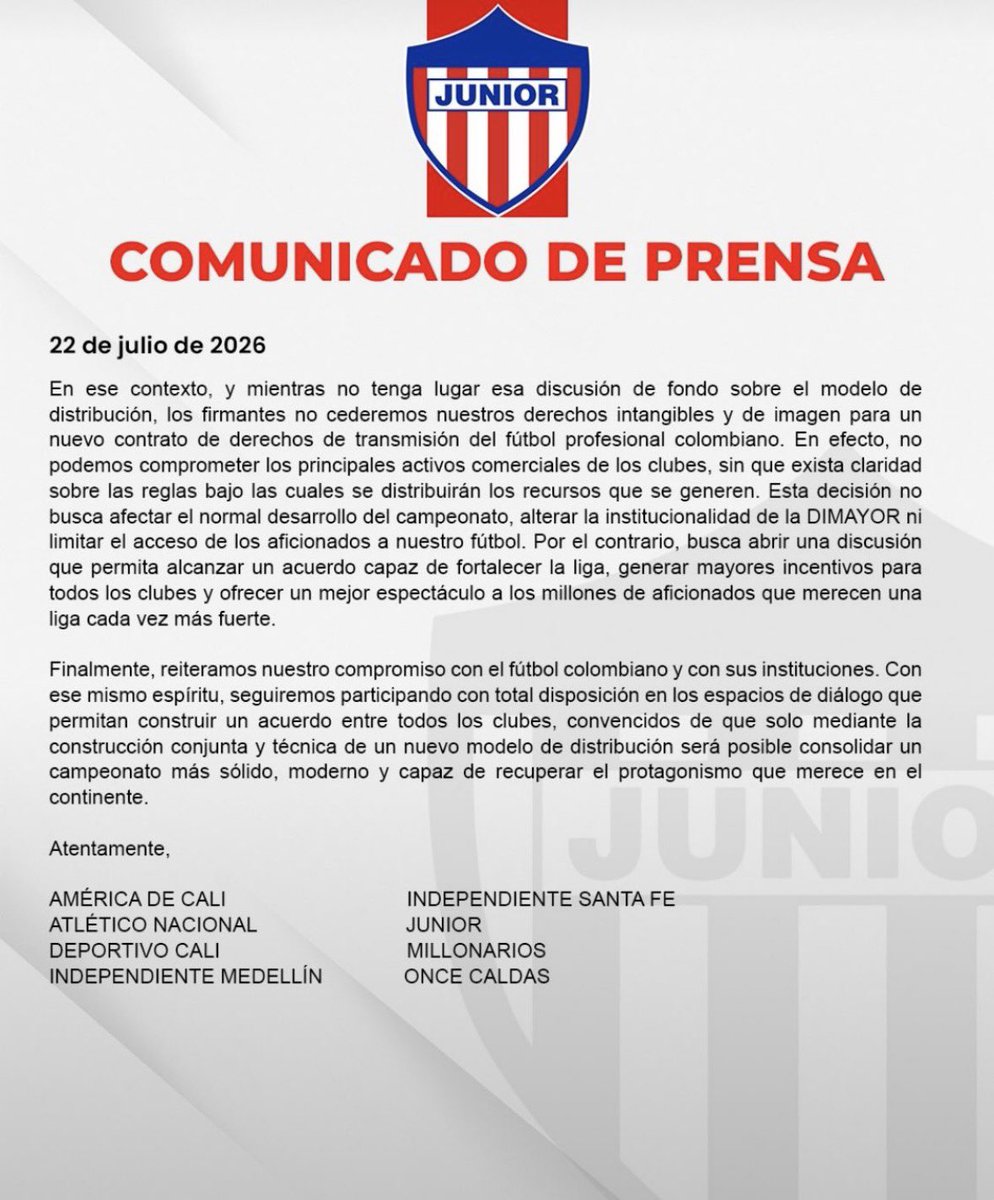 ToqueSports's tweet photo. ¡SE PLANTARON⛔️📺! Junior, junto a otros 7 clubes del FPC, piden cambiar el modelo actual de REPARTO DE DINERO de los derechos de TV (Hoy se dividen en partes iguales a todos los clubes).

✅ Estos 8 clubes, buscan que se premie el rendimiento deportivo, la inversión realizada y la fidelidad de la hinchada.

❌ En caso de no negociar, anuncian que NO CEDERÁN SUS DERECHOS DE IMÁGEN para un el nuevo contrato.