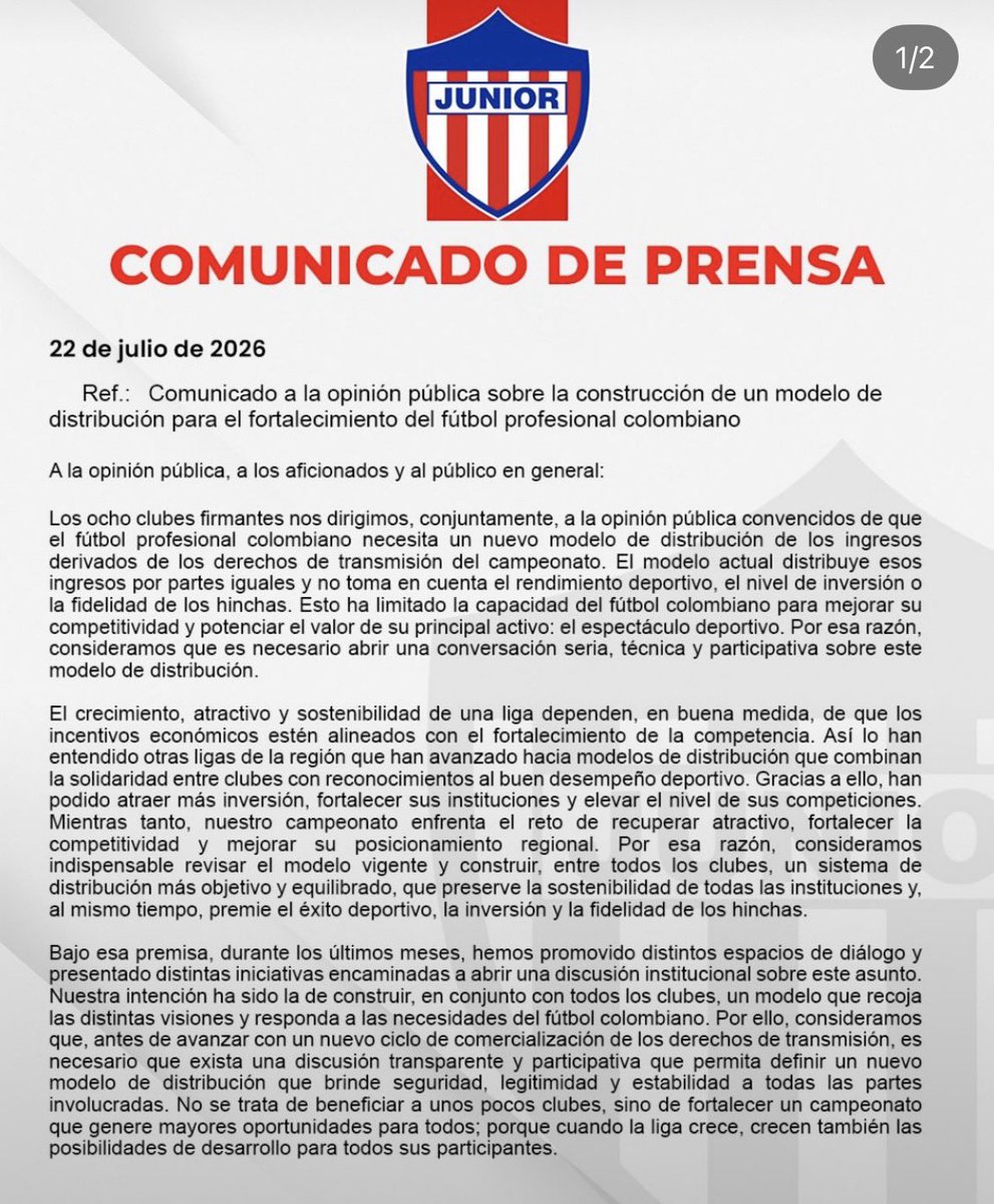 ToqueSports's tweet photo. ¡SE PLANTARON⛔️📺! Junior, junto a otros 7 clubes del FPC, piden cambiar el modelo actual de REPARTO DE DINERO de los derechos de TV (Hoy se dividen en partes iguales a todos los clubes).

✅ Estos 8 clubes, buscan que se premie el rendimiento deportivo, la inversión realizada y la fidelidad de la hinchada.

❌ En caso de no negociar, anuncian que NO CEDERÁN SUS DERECHOS DE IMÁGEN para un el nuevo contrato.