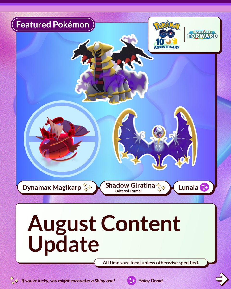 PokemonGoApp's tweet photo. The August content update in #PokemonGO is filled with some fiery adventures. 🔥 But don’t worry, Trainers—there’s some cool events too! 🤩

Get ready for Max Battles and events such as Fire and Ice Hatch Day, Ultra Unlock: Starmie Super Mega Raid Day, and PokémonXP & 2026 Worlds!