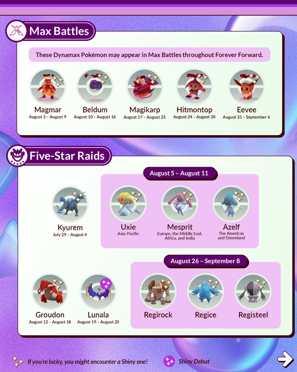 PokemonGoApp's tweet photo. The August content update in #PokemonGO is filled with some fiery adventures. 🔥 But don’t worry, Trainers—there’s some cool events too! 🤩

Get ready for Max Battles and events such as Fire and Ice Hatch Day, Ultra Unlock: Starmie Super Mega Raid Day, and PokémonXP & 2026 Worlds!