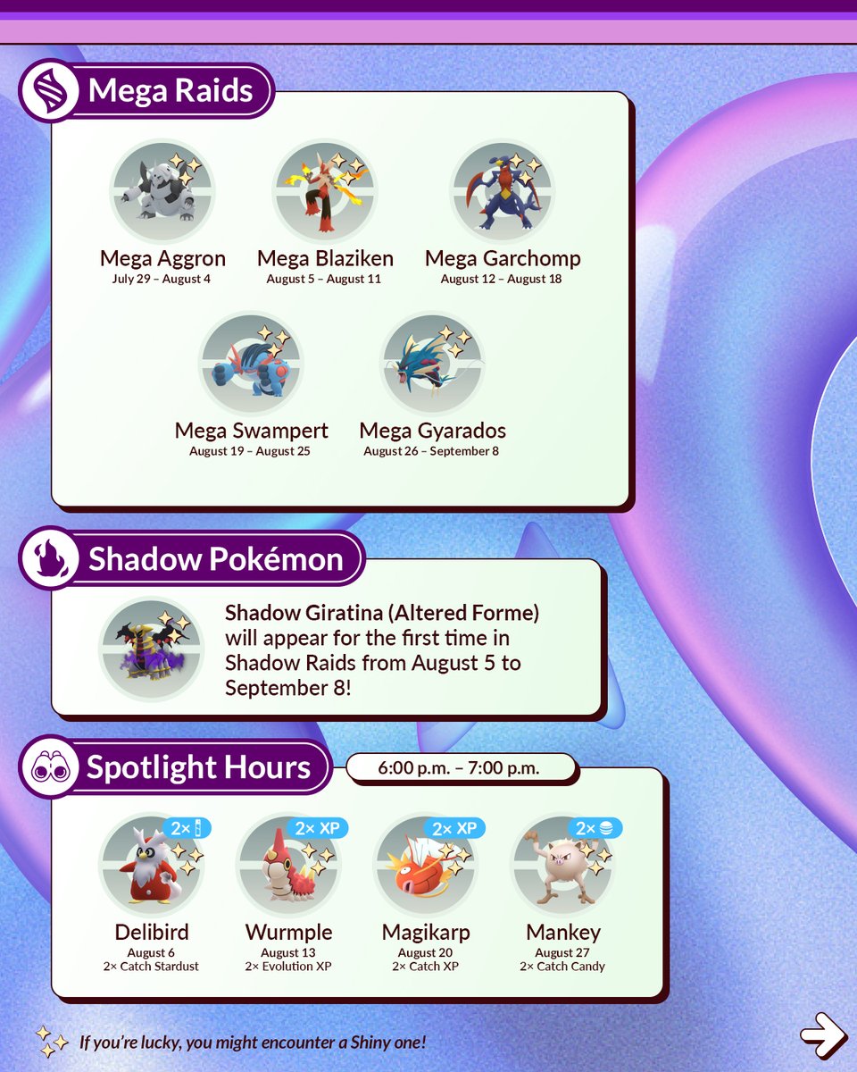 PokemonGoApp's tweet photo. The August content update in #PokemonGO is filled with some fiery adventures. 🔥 But don’t worry, Trainers—there’s some cool events too! 🤩

Get ready for Max Battles and events such as Fire and Ice Hatch Day, Ultra Unlock: Starmie Super Mega Raid Day, and PokémonXP & 2026 Worlds!