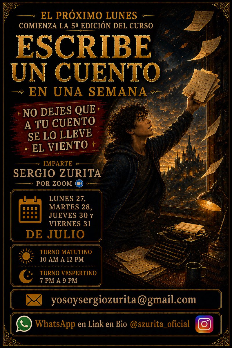 szurita's tweet photo. Faltan cinco días para que comience la 5.ª edición de:

‘Escribe un cuento en una semana’.

¡Todavía estás a tiempo de unirte!

Escríbeme a: yosoysergiozurita@gmail.com

Ha llegado el momento de que nazca tu cuento… https://t.co/XfIM6nXyt7