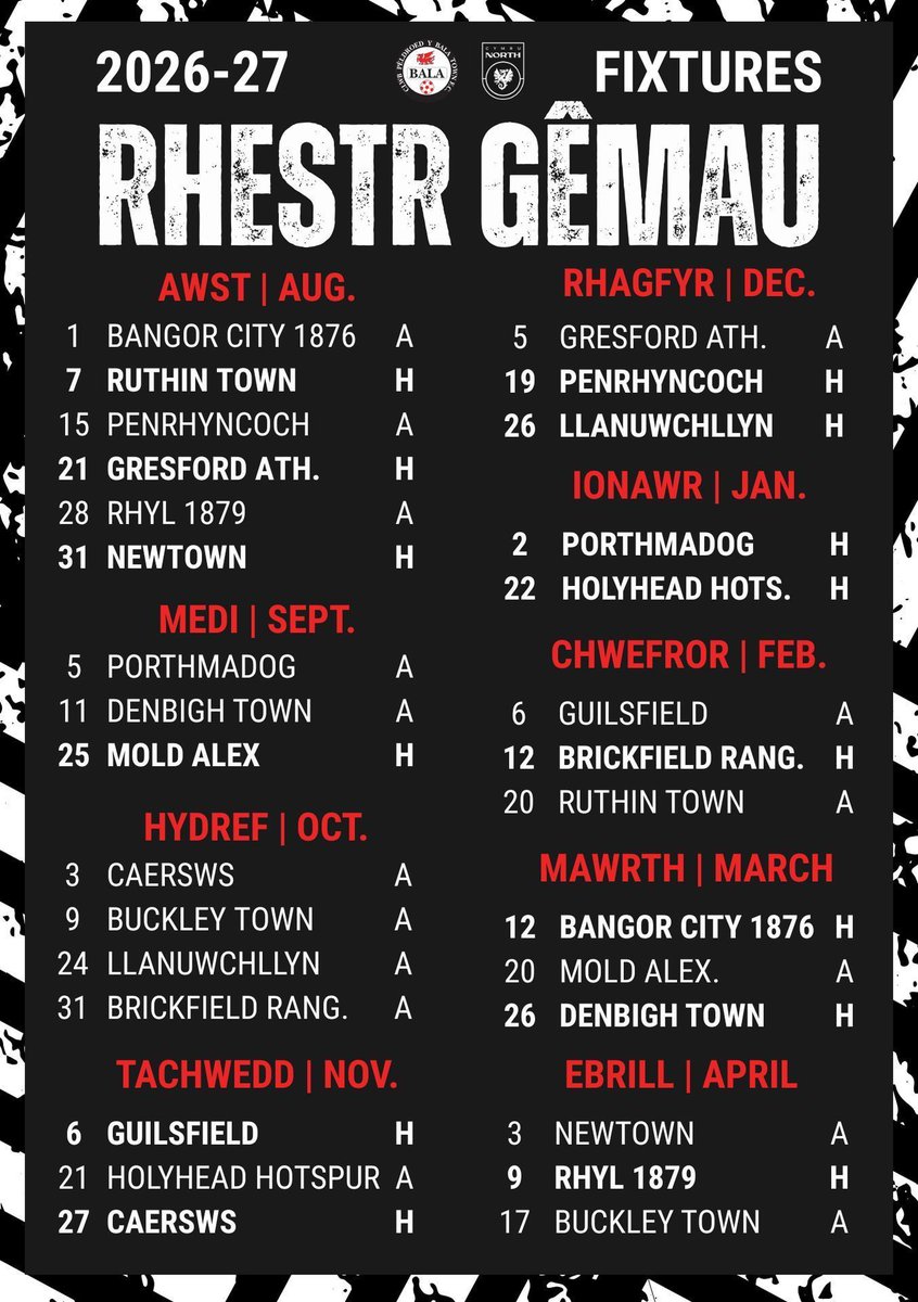 BalaTownFC's tweet photo. Here is our Novira Cymru North fixtures for the 2026/27 season! 📅 

We will begin our campaign away to Bangor City 1876 on the 1st of August 🙌  

Dyma rhestr ein gemau Novira Cymru North ar gyfer tymor 2026/27 📅 

Byddwn yn dechrau ein hymgyrch oddi cartref yn erbyn Bangor City 1876 ar y 1af o Awst 🙌 

#Lakesiders