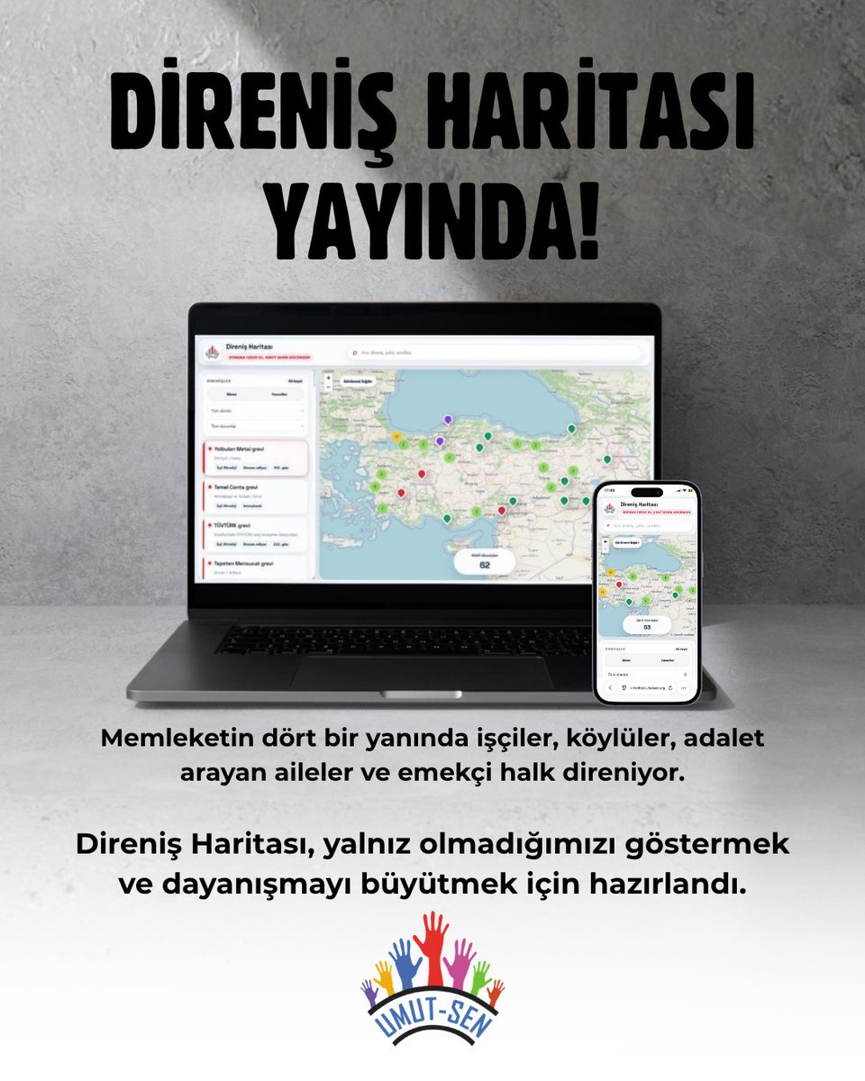 umutsendikasi_'s tweet photo. Direniş Haritası yayında!

Memleketin dört bir yanında işçiler, köylüler, adalet arayan aileler ve emekçi halk direniyor.

Fabrika önlerinden maden havzalarına, depo kapılarından adliye önlerine, köy meydanlarından grev çadırlarına uzanan mücadeleleri yan yana getiriyoruz.

Direniş Haritası, yalnız olmadığımızı göstermek ve dayanışmayı büyütmek için hazırlandı.

Umut sınıftadır. Direnenler burada.⬇️

https://t.co/ZWgKLARRuK