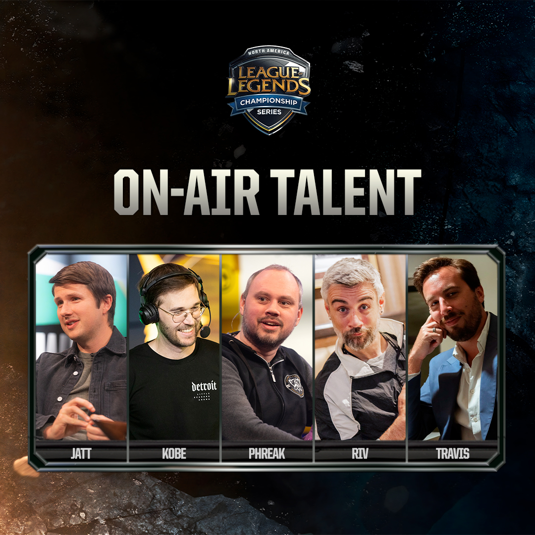 LCSOfficial's tweet photo. The voices and faces bringing you this Friday's League Classic #LCS Showmatch:

🎙️ @esportsjatt
🎙️ @esports_kobe
🎙️ @RiotPhreak
🎙️ @RivingtonThe3rd
🎙️ @TravisGafford https://t.co/Q5OHgQ1cuc