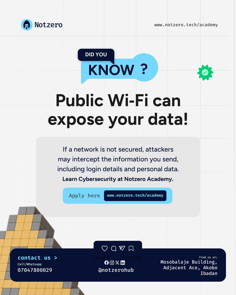 notzerohub's tweet photo. On unsecured networks, attackers can intercept your passwords, emails, and personal information.

Stay informed. Stay protected.
Learn Cybersecurity at Notzero Academy.👍🏾 https://t.co/WhGKpuCbwR