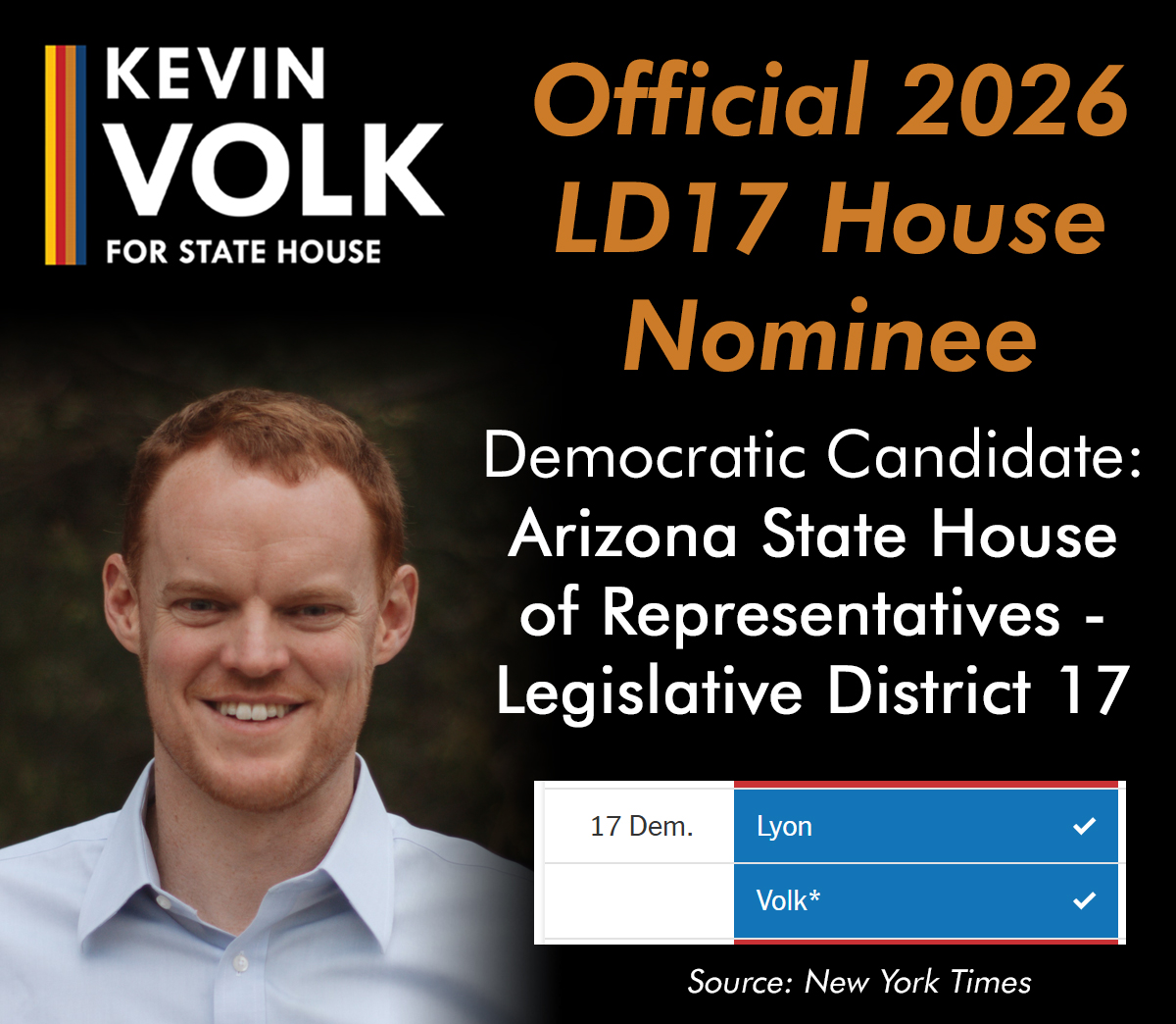 KevinVolkAZ's tweet photo. I deeply appreciate the trust and confidence of over 20,000 voters.
I'm proud to be the Democratic nominee, alongside Air Force veteran (Retired Colonel) @LyonforAZ, to represent Legislative District 17 in the Arizona State House.
Onward.
#LD17 https://t.co/FmS517dwbq